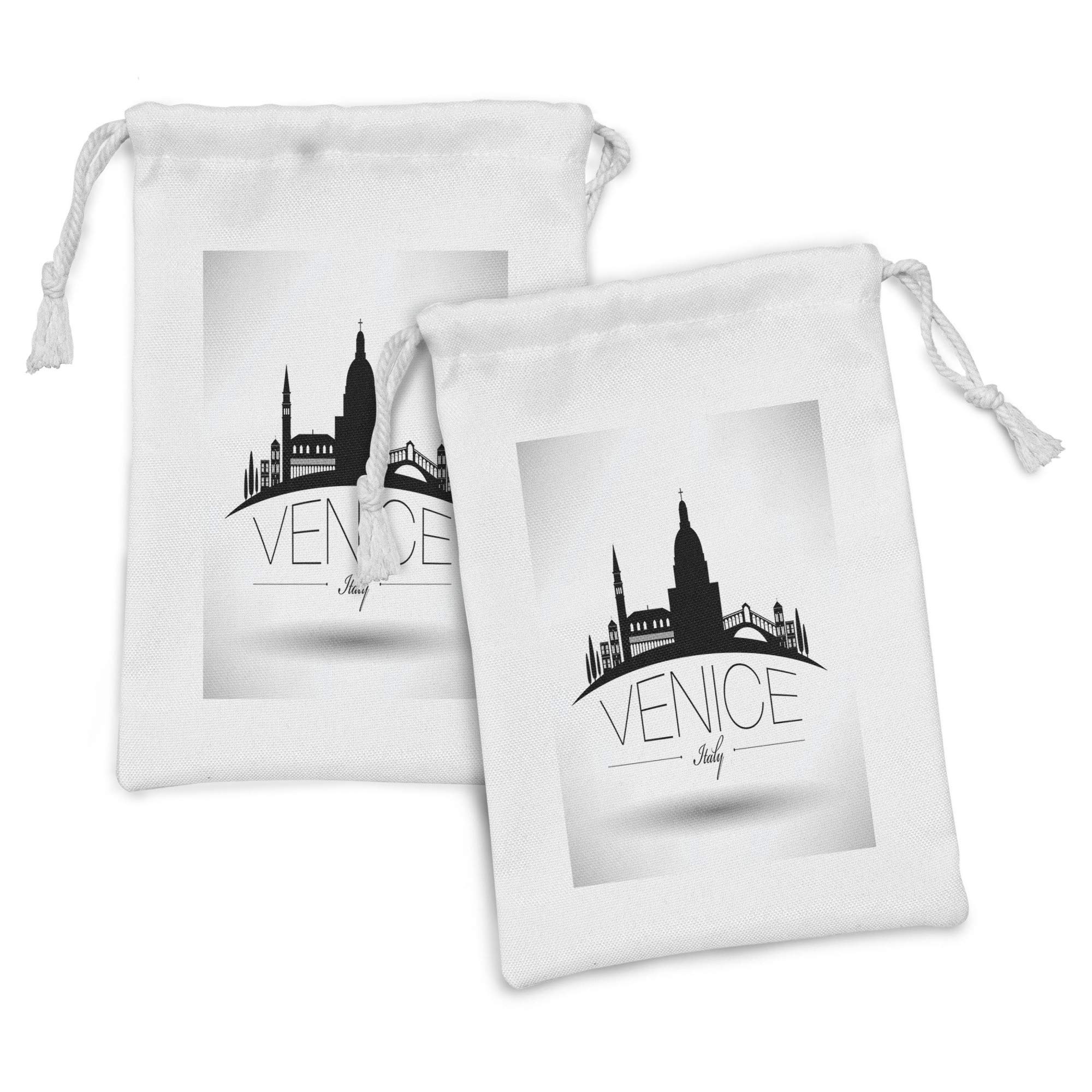 Ambesonne Venice Fabric Pouch Set of 2 - Monochrome Italian Skyline Design Drawstring Bags (9