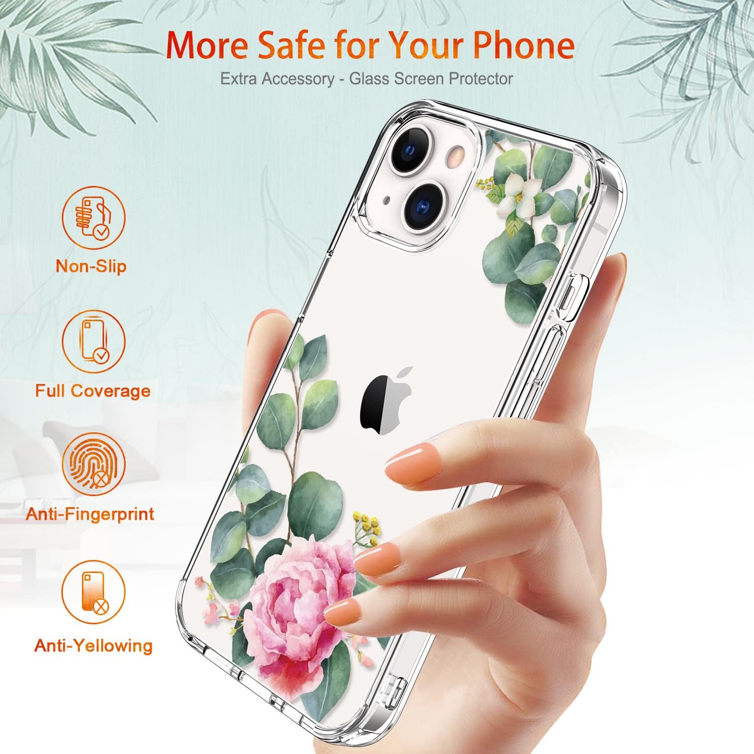 GiiKa iPhone 13 Case with Screen Protector - Clear Floral Design Shockproof Hard Case with TPU Bumper - Full Body Protection for Women & Girls - Perfect for Everyday Use, Work & Travel - Camellia Pattern