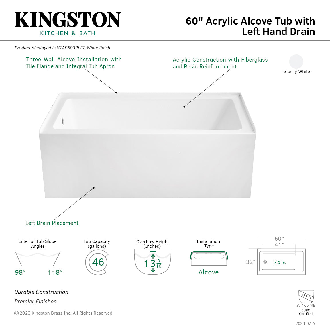 Aqua Eden 60 Inch Acrylic Rectangular 3-Wall Alcove Bathtub - Left Hand Drain, Glossy White | Freestanding Soaking Tub for Modern Bathrooms & Spa Retreats