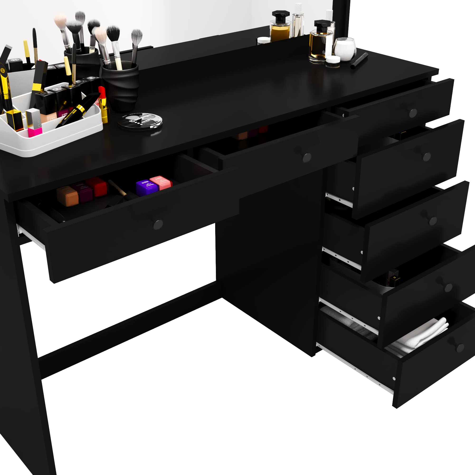 Boahaus Joan 7-Drawer Makeup Vanity Desk with Hollywood Mirror, Black Painted Dressing Table for Bedroom - Perfect for Makeup Organization & Beauty Routine