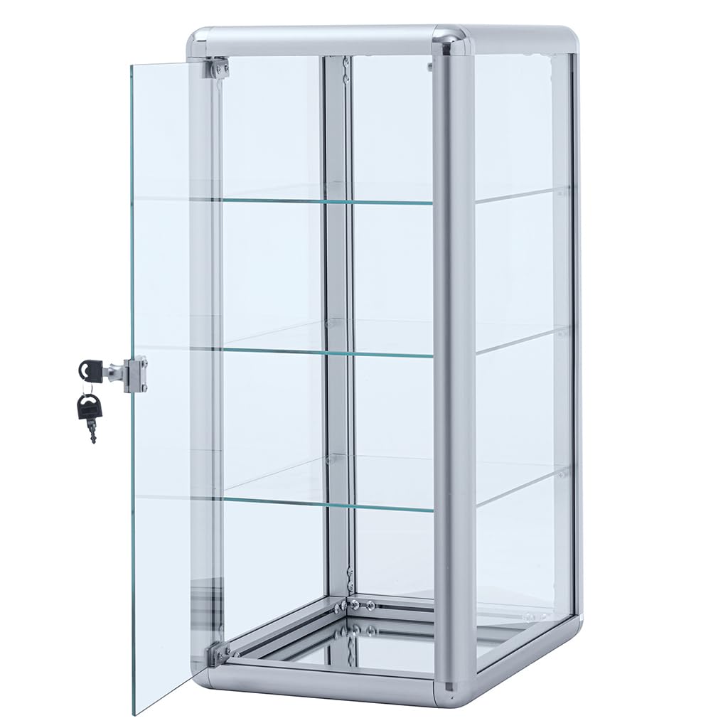 4-Shelf Glass Display Cabinet - Elegant Aluminum Table Top Tempered Glass Showcase with Sliding Door & Lock | Perfect for Bedroom, Living Room Decor | Display Jewelry, Collectibles & Home Decor Items