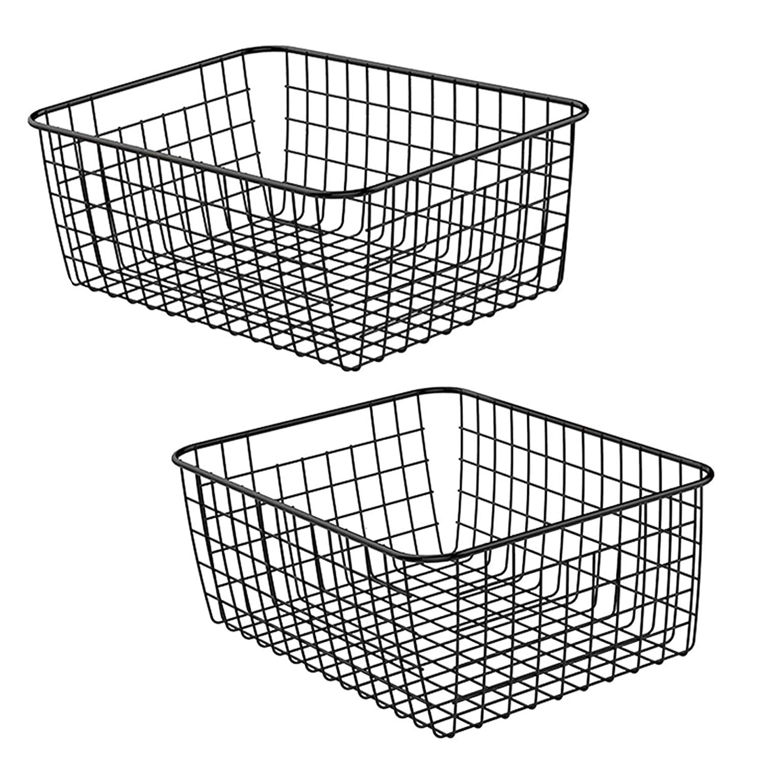 Farmhouse Style Metal Wire Baskets - Kitchen & Pantry Storage Organizer with Built-in Handles for Refrigerator, Cabinet, Bathroom Organization (Black) | Perfect for Fruit, Vegetable Storage & Home Decor