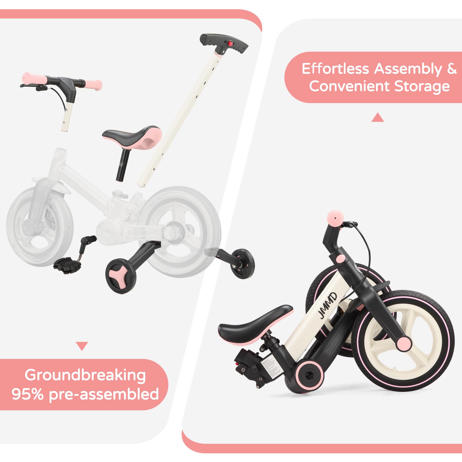 JMMD 6-in-1 Foldable Toddler Bike with Push Handle, Training Wheels, Pedals & Brakes - Adjustable Balance Bike for Kids 18-60 Months - Perfect First Bike Gift for Boys & Girls - Ideal for Backyard Riding, Park Adventures & Learning to Cycle