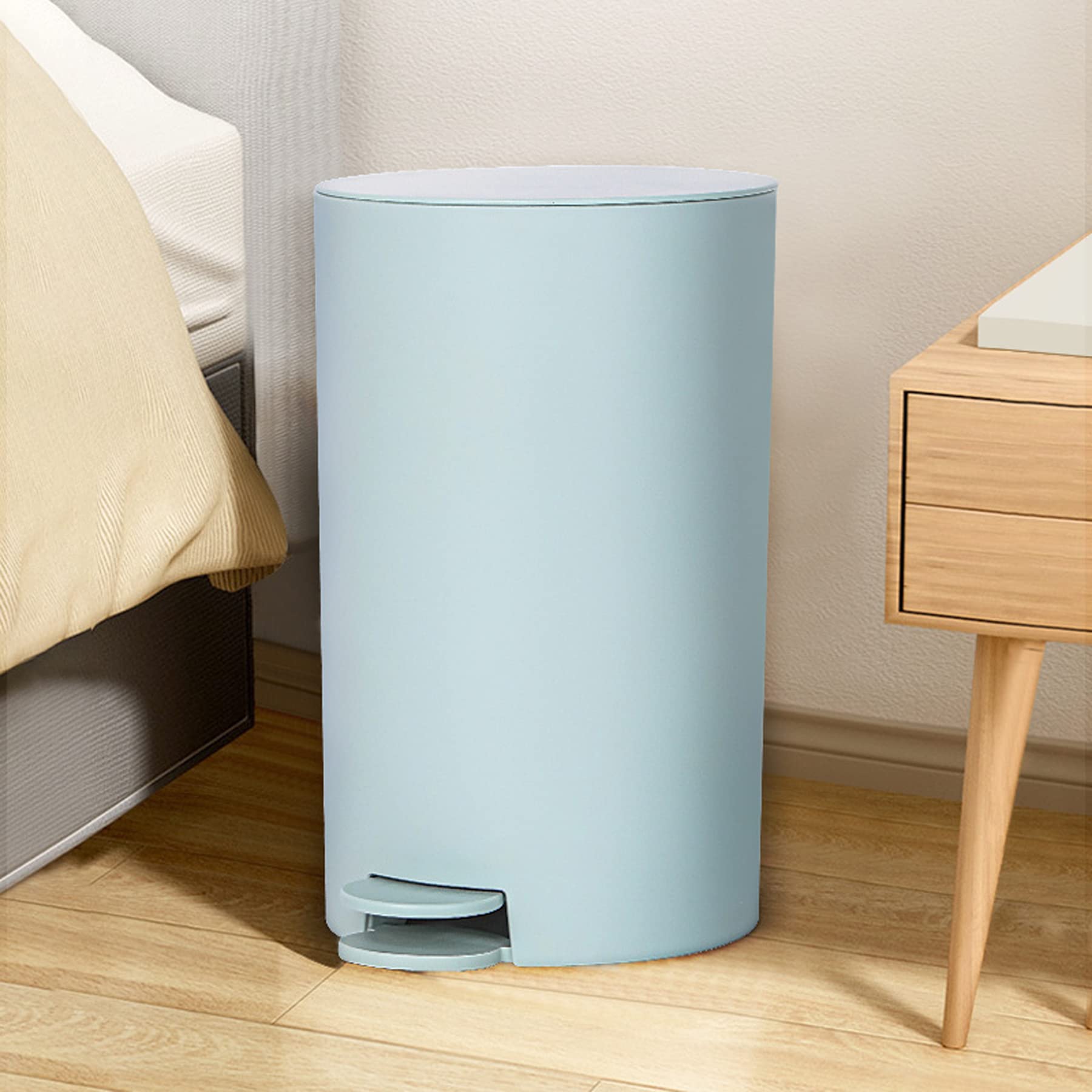 Step Trash Can with Lid - 2 Gallon Round Waterproof Plastic Wastebasket for Narrow Spaces - Easy to Clean Garbage Bin for Kitchen, Bathroom, Bedroom, Living Room, Office & Kids Room - Perfect for Small Spaces & Home Decor