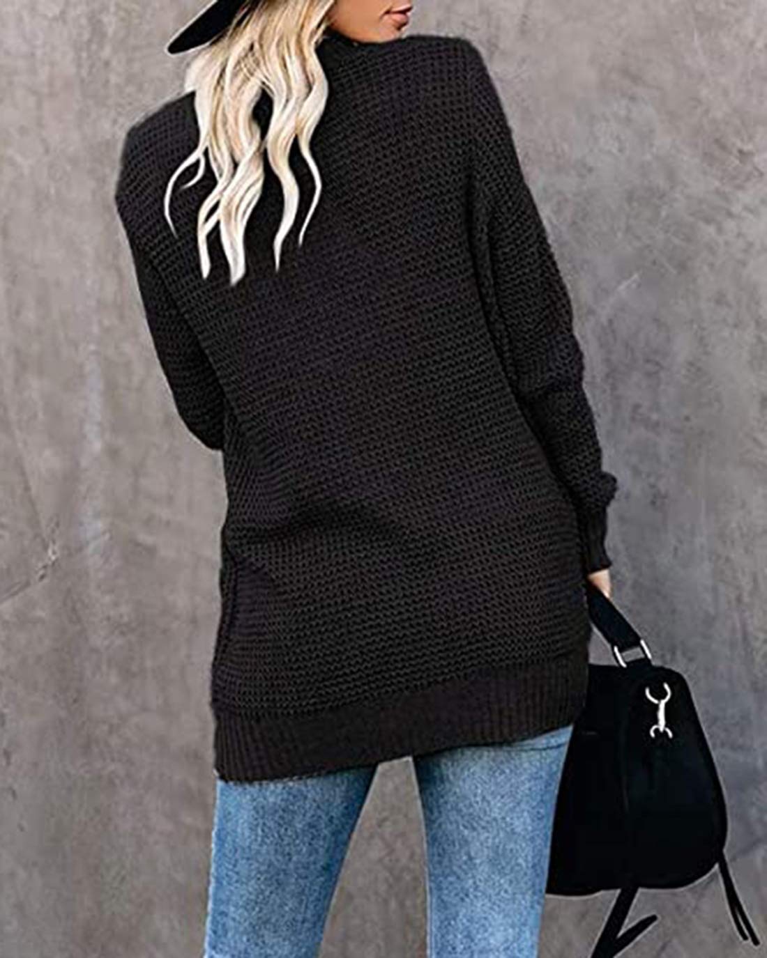 Moonetto Women's Long Sleeve Open Front Waffle Knit Cardigan - Chunky Knit Draped Sweater with Pockets - Cozy Fall & Winter Layering Piece for Office, Casual Outfits and Loungewear