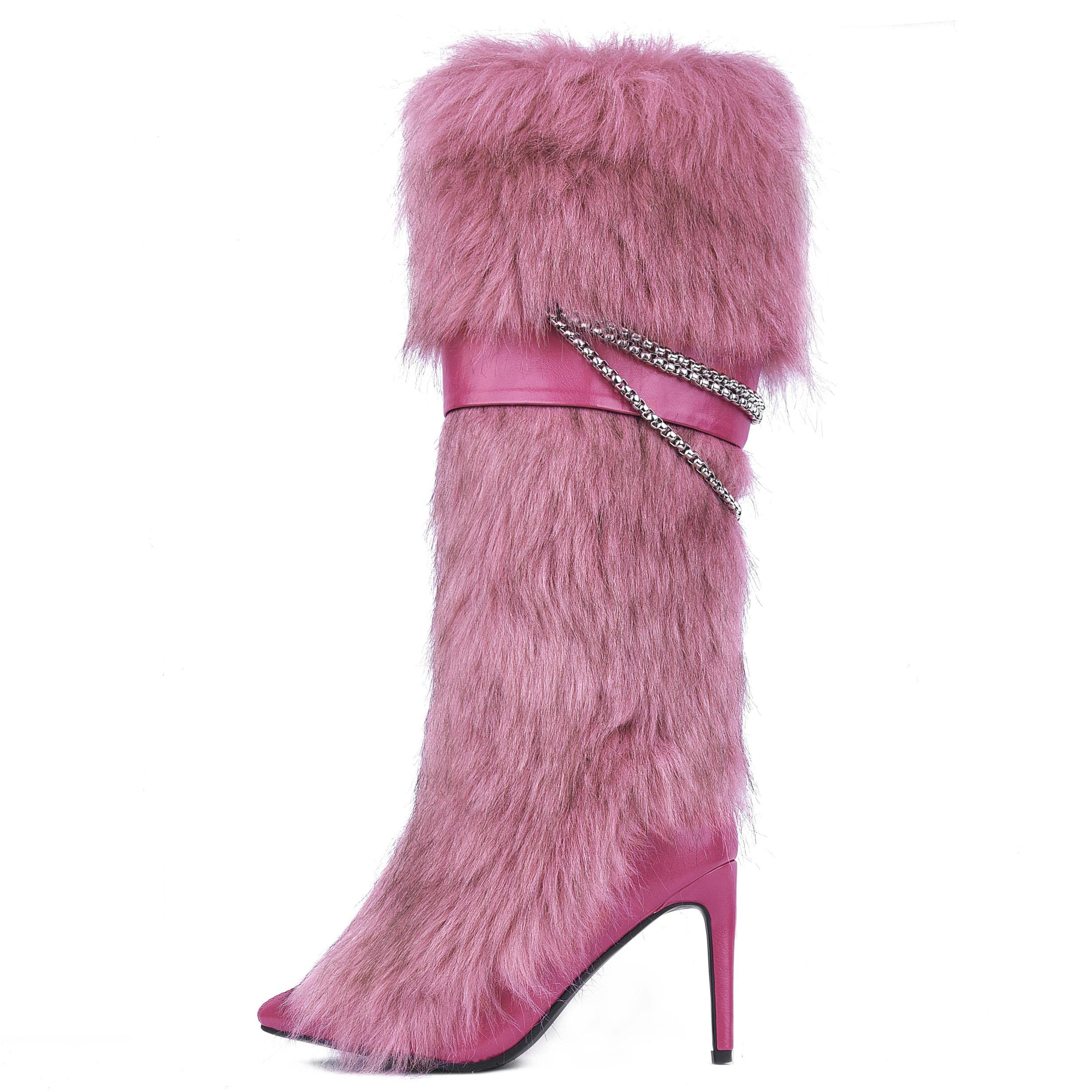 **Pink Fluffy Knee-High Boots for Women - Wide Calf Winter Snow Boots with Heel, Warm & Stylish - Perfect for Snow Days, Parties & Fashion Outfits**