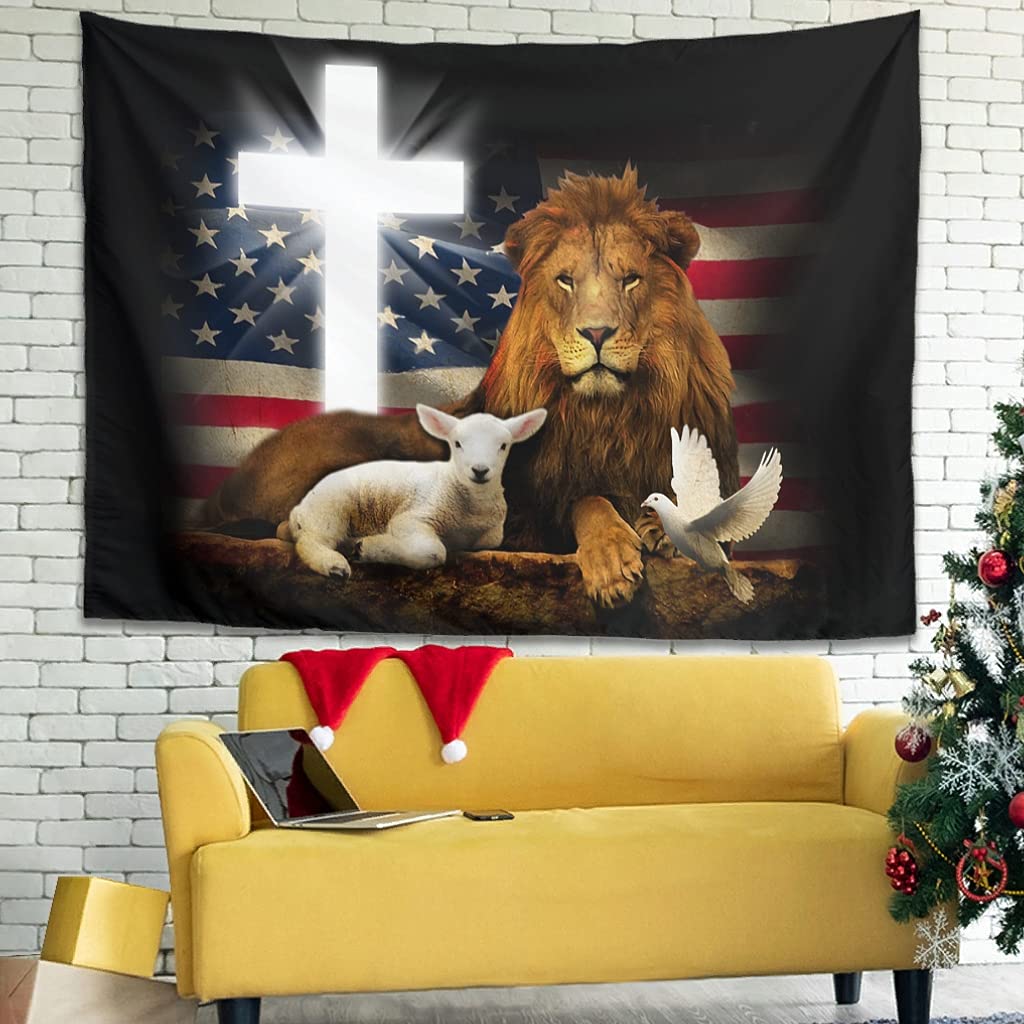 Lion and Lamb Christian Cross Tapestry - Fadeless Wall Hanging Decor (91x59 inch White) for Bedroom, Church & Wedding Background | Multi-Purpose Wall Art, Tablecloth & Room Divider