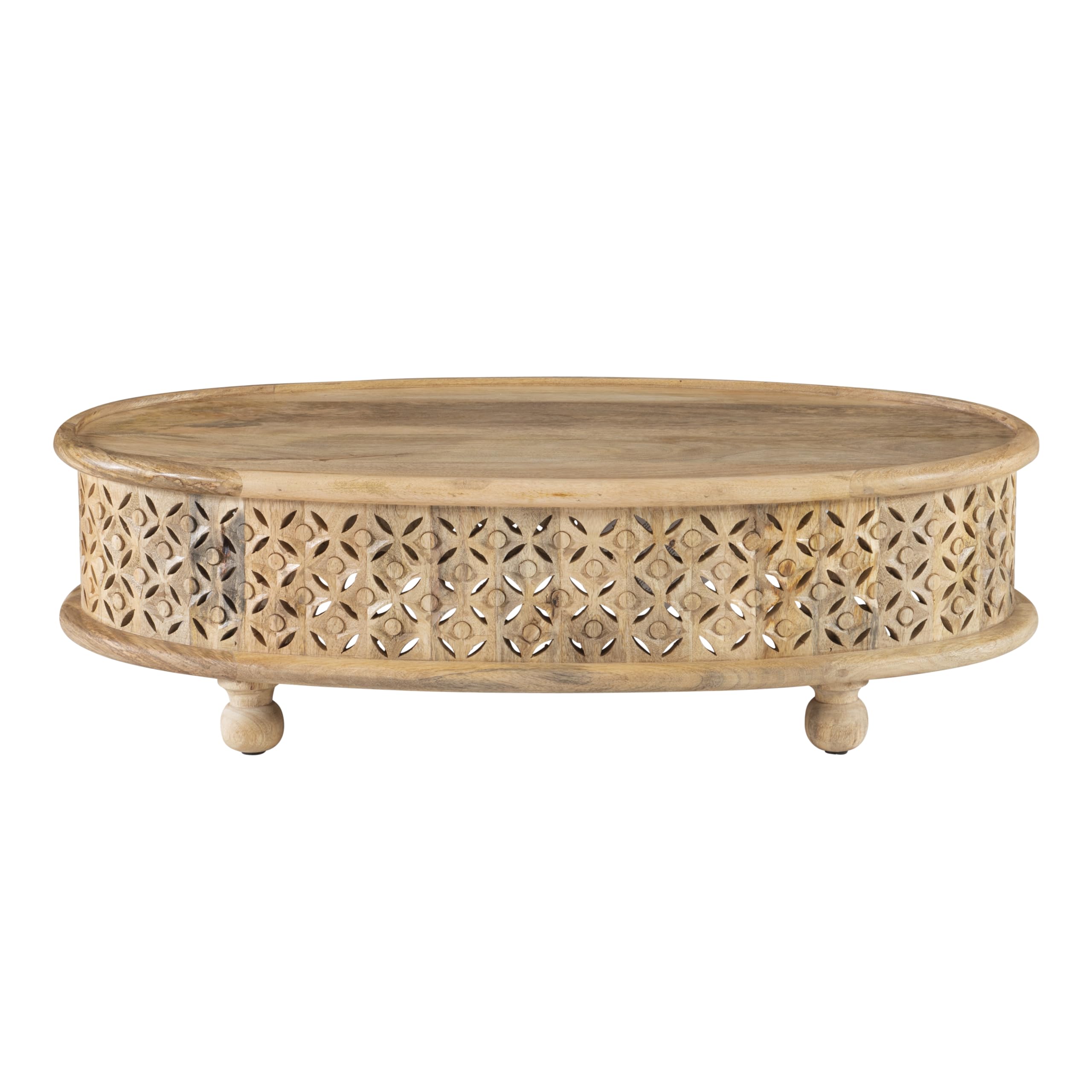 Powell Sympico Natural Stained Mango Wood Oval Coffee Table with Hand-Carved Details - Rustic Living Room Centerpiece for Home Decor (PAMZN2052)