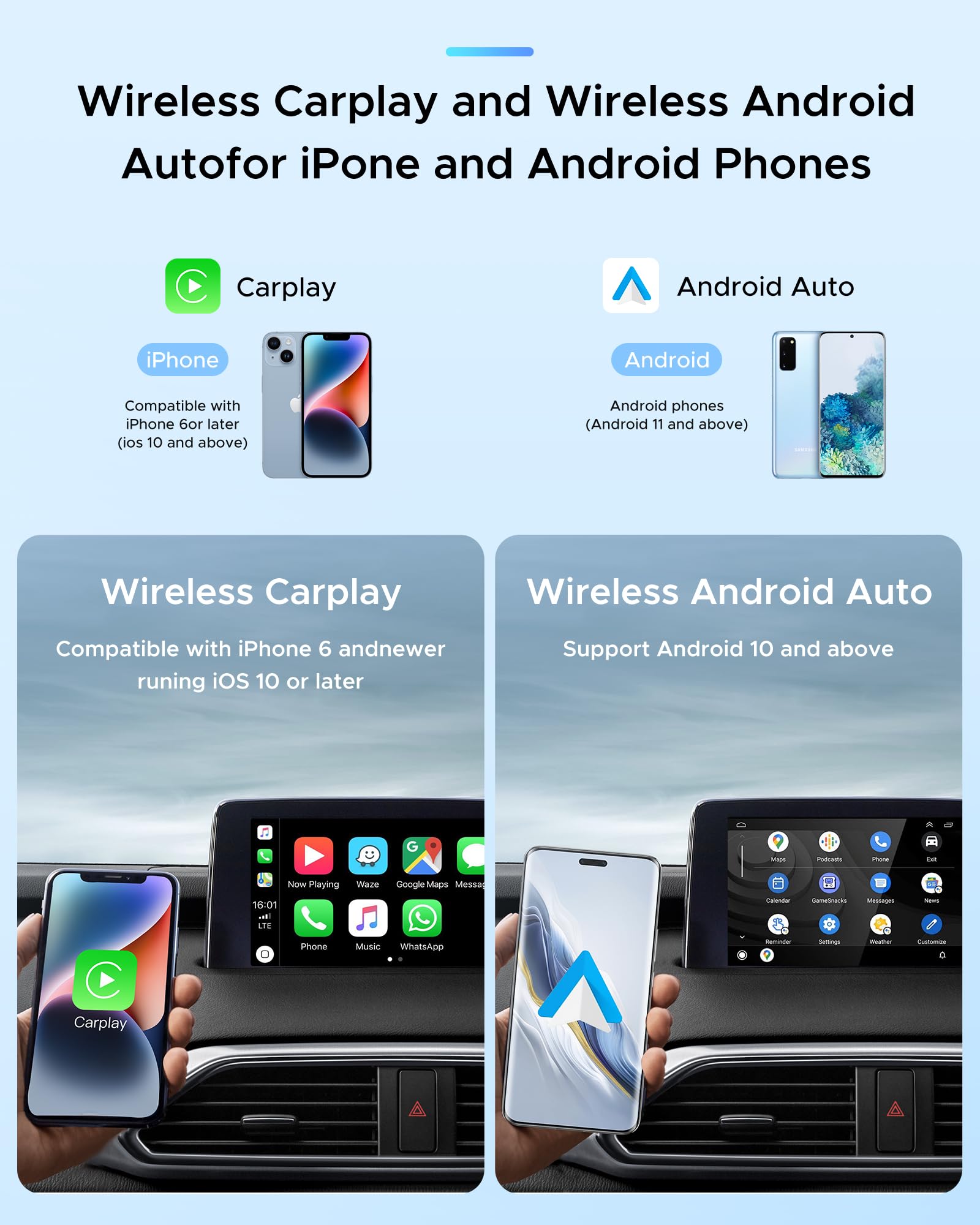 2024 Upgraded Wireless CarPlay Adapter & Android Auto Wireless Dongle - Mini Bluetooth 5.0 & 5GHz WiFi for iPhone iOS 10+/Android 11+ - Plug & Play for Wired CarPlay Cars Since 2016 - Perfect for Commuting, Road Trips & Hands-Free Driving