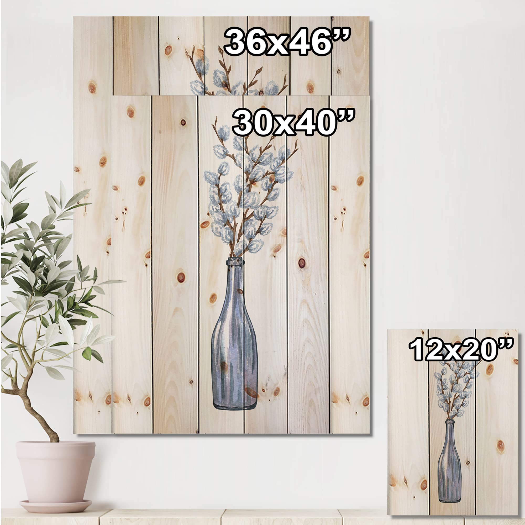 Farmhouse Wood Wall Decor - Blue Pussy Willow Twigs Wall Art, Large Floral Wood Panels Printed on Natural Pine | Rustic Home Decor for Living Room, Bedroom & Office