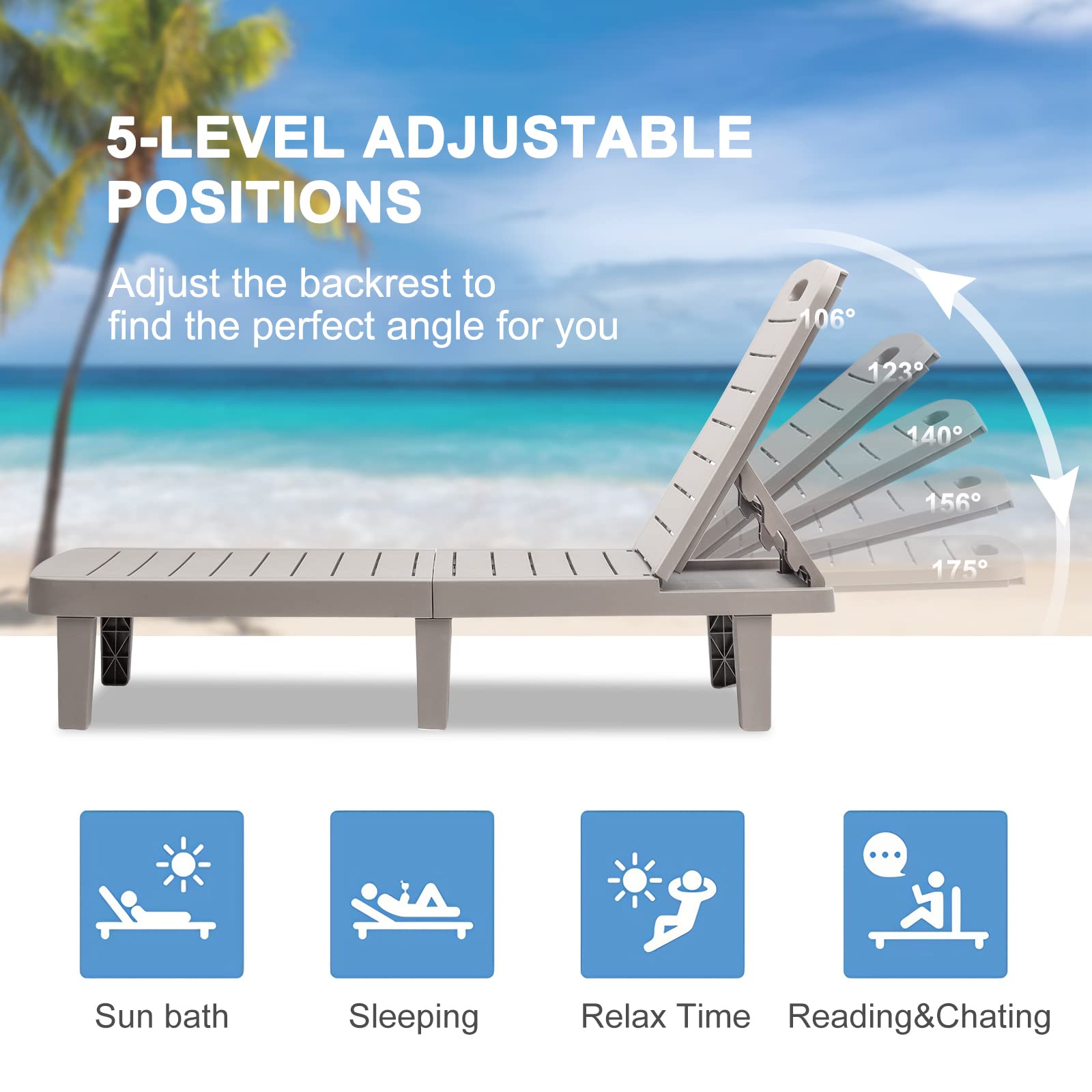 **Outdoor Chaise Lounge Chair - Waterproof Resin Adjustable 5-Position Sun Lounger with Cup Holder for Patio, Poolside, Beach & Yard - All-Weather Grey (1PCS) - Perfect for Relaxing, Sunbathing & Lounging**
