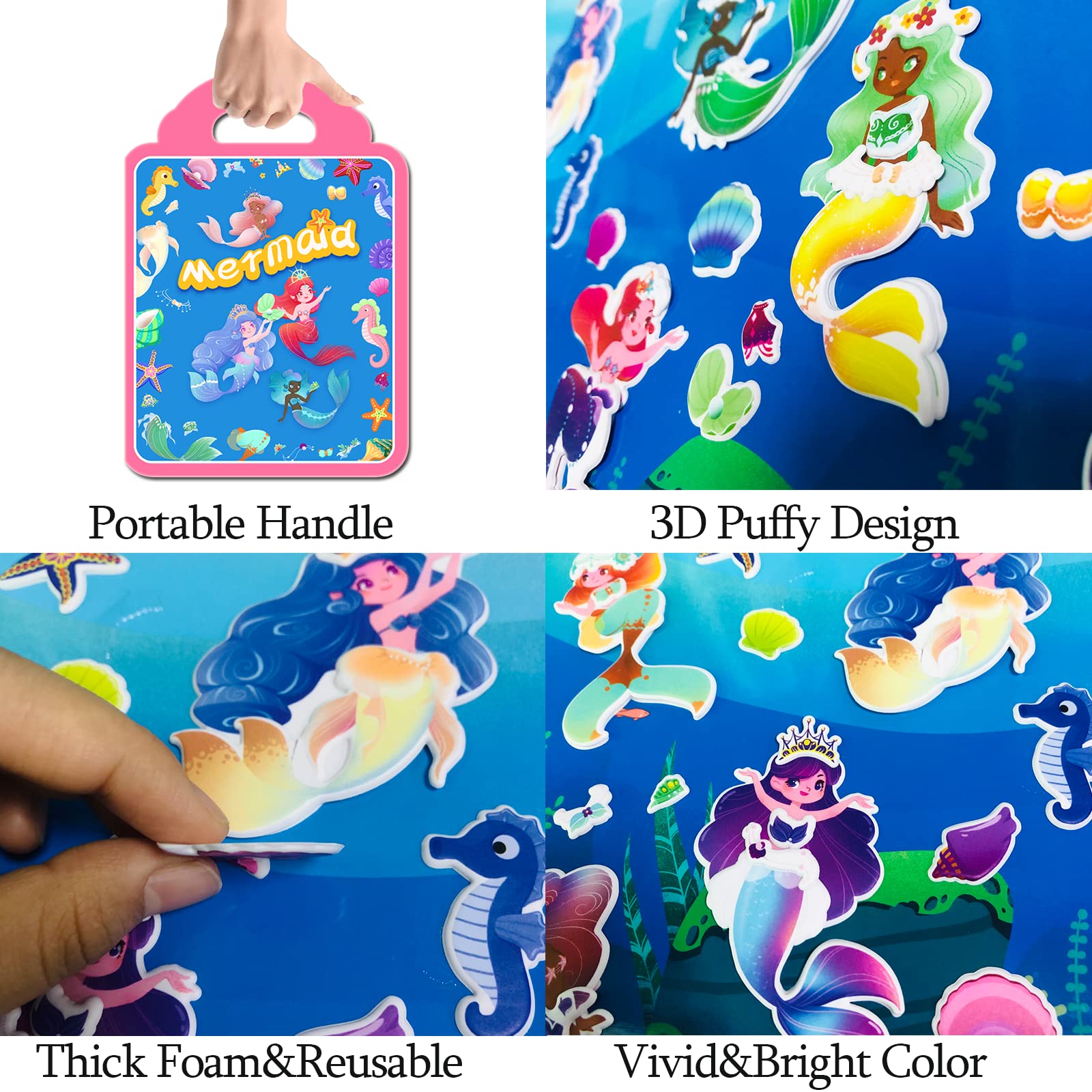 2 Pack Reusable Puffy Sticker Activity Books for Kids & Toddlers - Princess & Mermaid Stickers for Girls, Educational Learning Toys for Preschool Boys & Girls - Perfect for Birthday, Christmas Gifts & Travel Entertainment