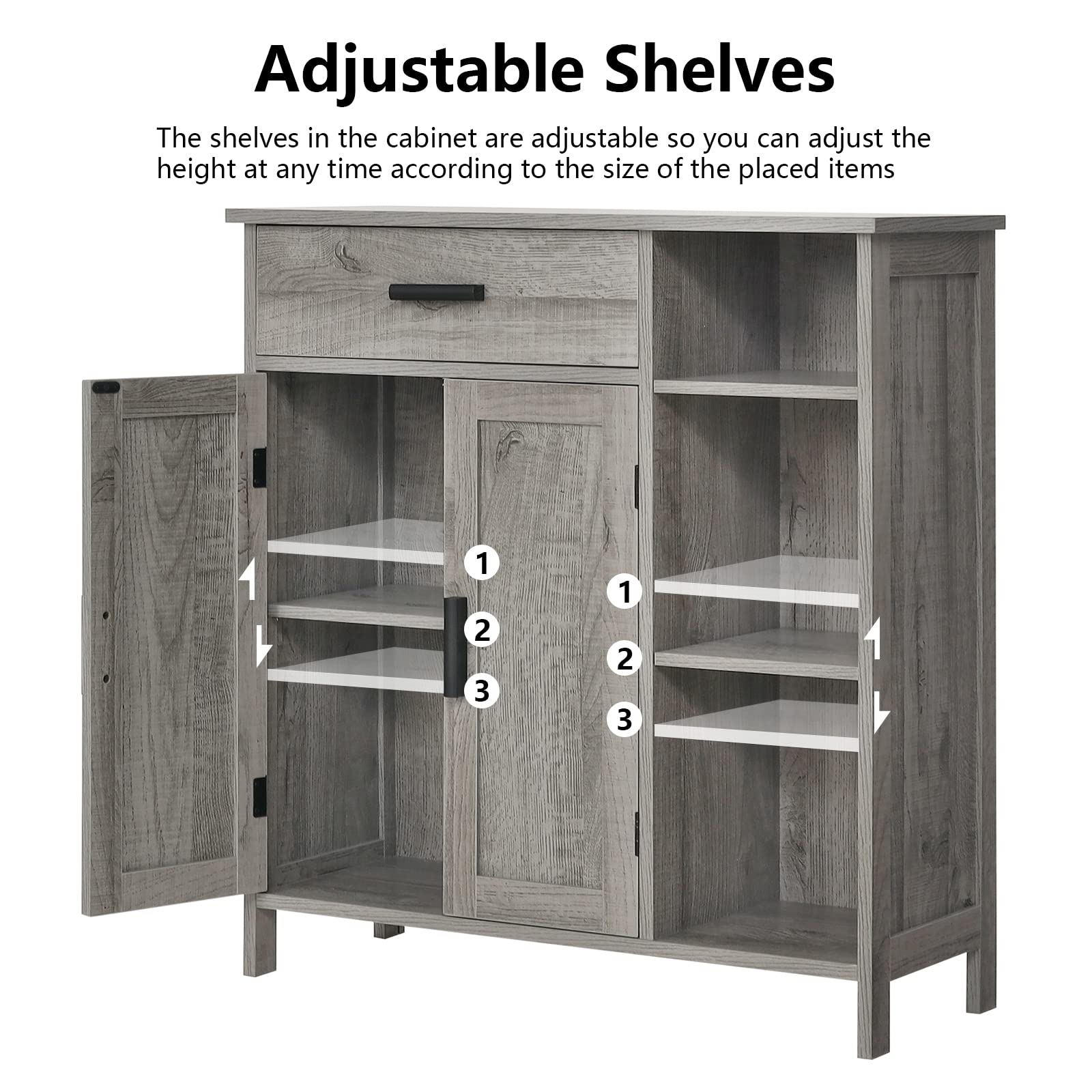 WEENFON Storage Cabinet with Drawers - Bathroom Organizer, Coffee Bar Cabinet with Doors & Shelves - Freestanding Cupboard for Living Room, Bedroom, Kitchen - Grey - Perfect for Home Organization & Small Space Storage