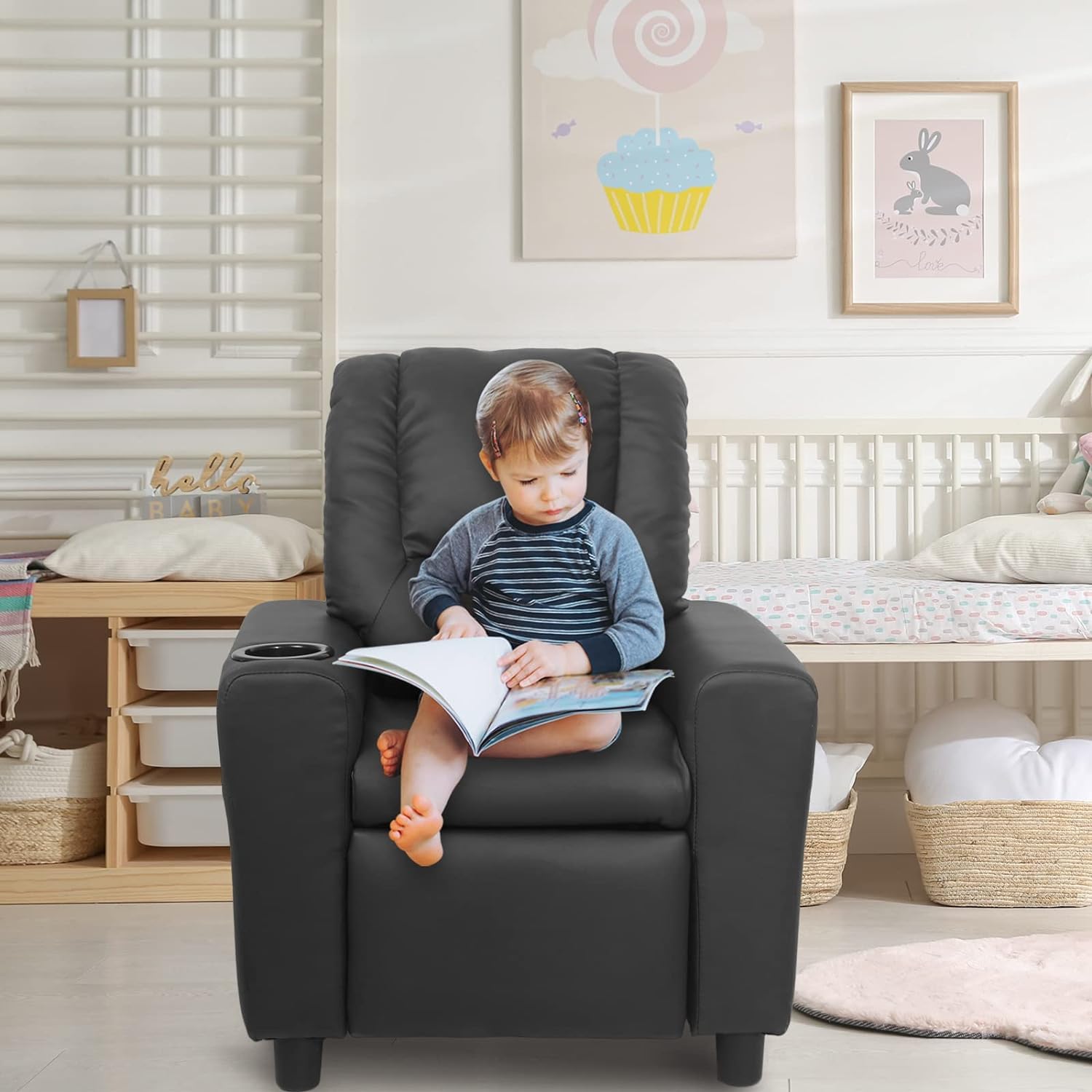 **Kids Recliner Chair for Toddlers 1-4 Years - Soft Toddler Sofa with Cup Holder & Side Pockets - Comfortable Children's Reclining Couch for Bedroom & Living Room - Perfect for Playtime, Naps & Movie Nights (Black)**