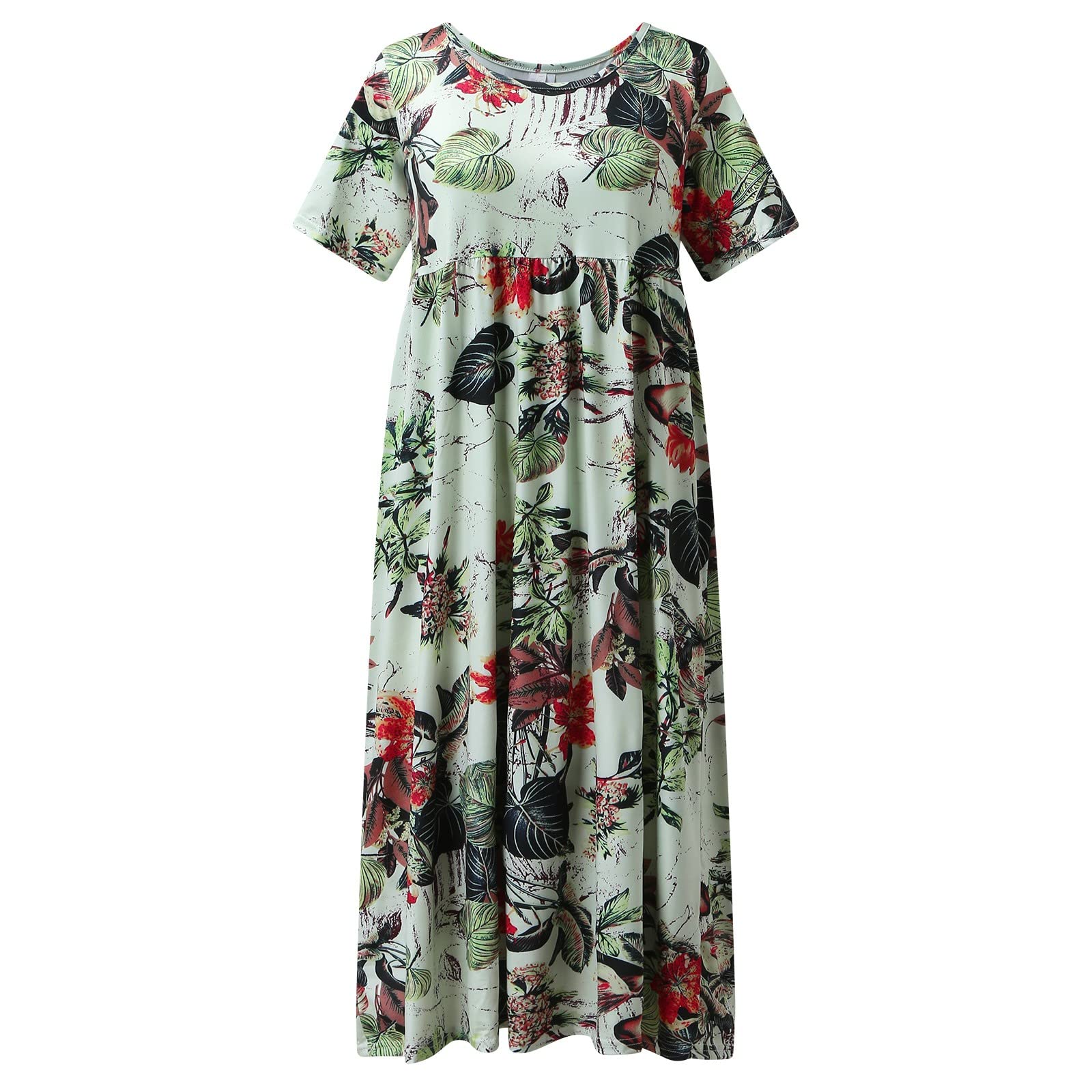 Women's Floral Printed Short Sleeve Boho Maxi Dress - Polyester Blend Casual Summer Dress for Beach, Vacation & Outdoor Activities