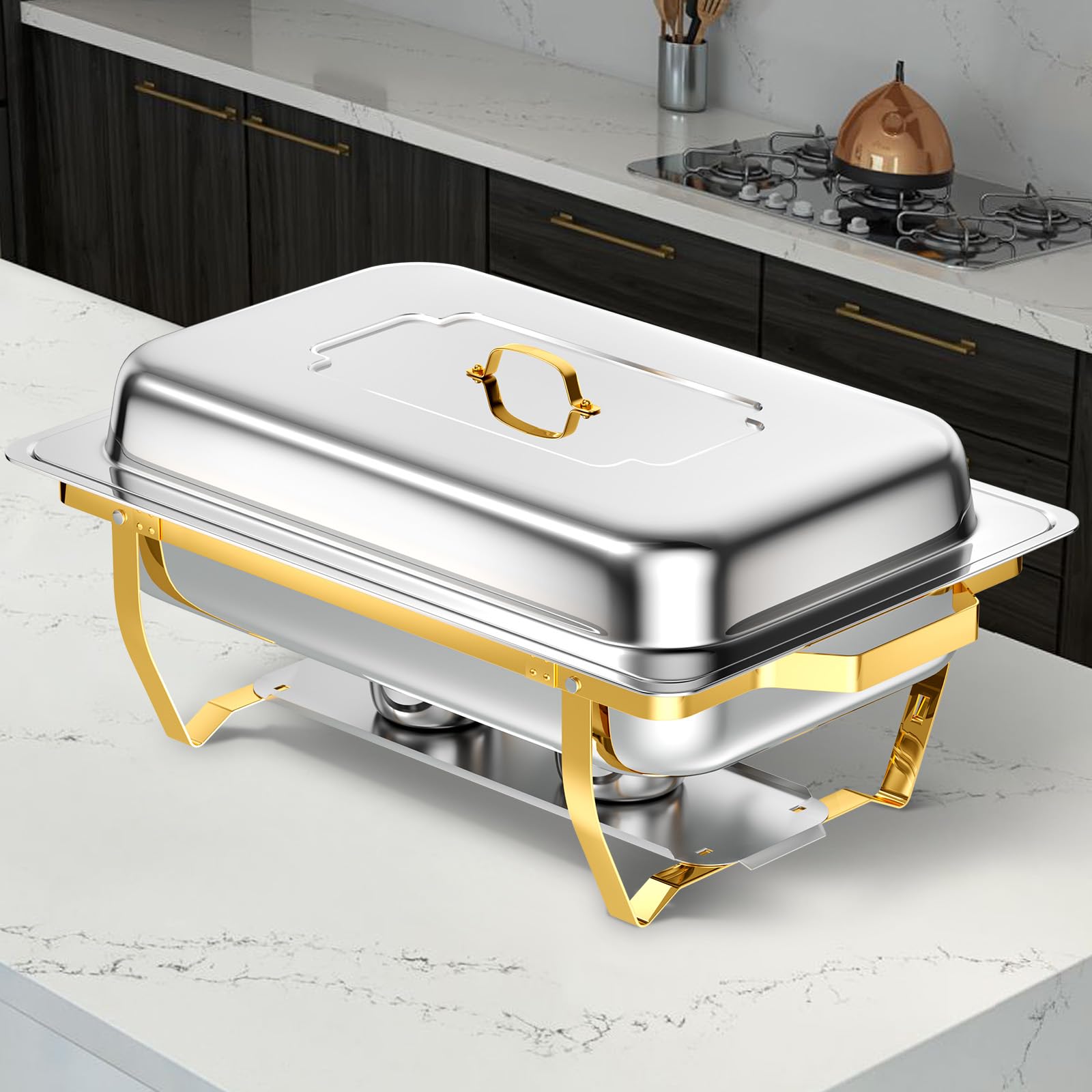8 Qt Premium Stainless Steel Chafing Dish Buffet Set - 4 Pack with 7 Pans, Rolled-Edge Design for Food Warming - Perfect for Parties, Weddings, Catering, Camping & Outdoor Events (Half Gold Finish)
