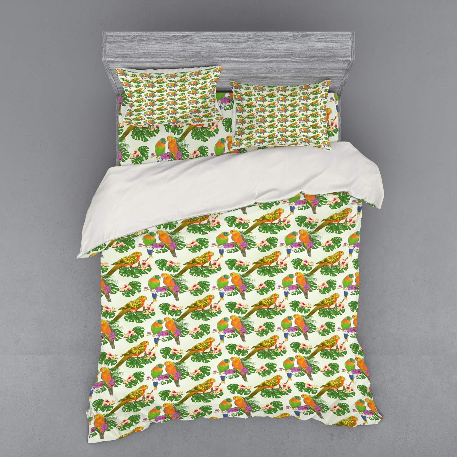 Ambesonne Exotic Parrot Floral Bedding Set - 4 Piece Queen Duvet Cover with Shams & Fitted Sheet, Ivory & Multicolor Tropical Design - Perfect for Jungle Themed Bedrooms & Boho Home Decor