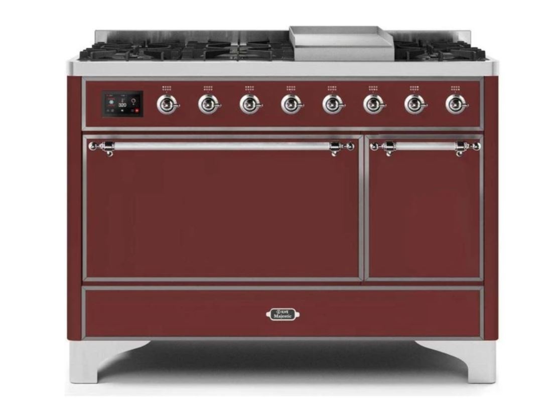 ILVE 48 Inch Majestic II Series Freestanding Dual Fuel Range - 8 Sealed Brass Burners with Non-Stick Coating & Griddle - Propane Gas Stove for Professional Home Kitchen (UM12FDQNS3) | Perfect for Large Family Cooking, Holiday Entertaining & Gourmet Meal Preparation