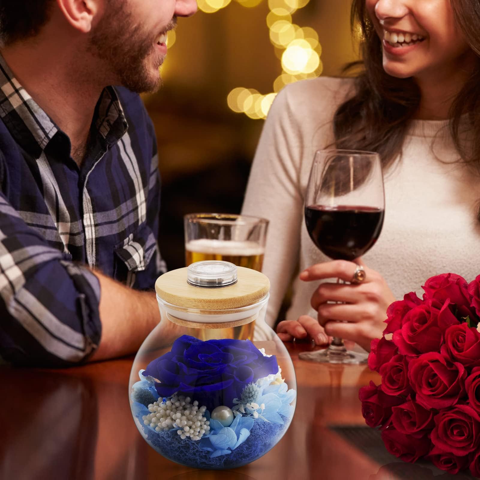 Blue Preserved Rose in Glass Dome - Eternal Flower Gift for Mother's Day, Birthday, Valentine's, Anniversary - Romantic Light-Up Rose with Wishing Bottle for Mom, Wife, Grandma - Perfect Home Decor & Keepsake Gift