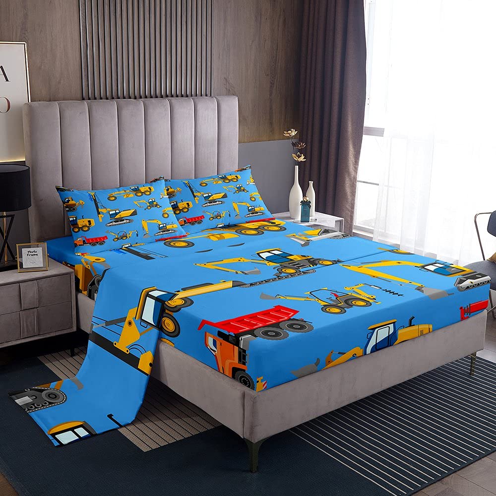 Kids Excavator Construction Bedding Set - Twin Size Yellow Truck Print Fitted Sheet, Flat Sheet & Pillowcase for Boys & Girls | Durable Tractor Themed Bed Sheets for Kids Room Decor & Playtime Adventures