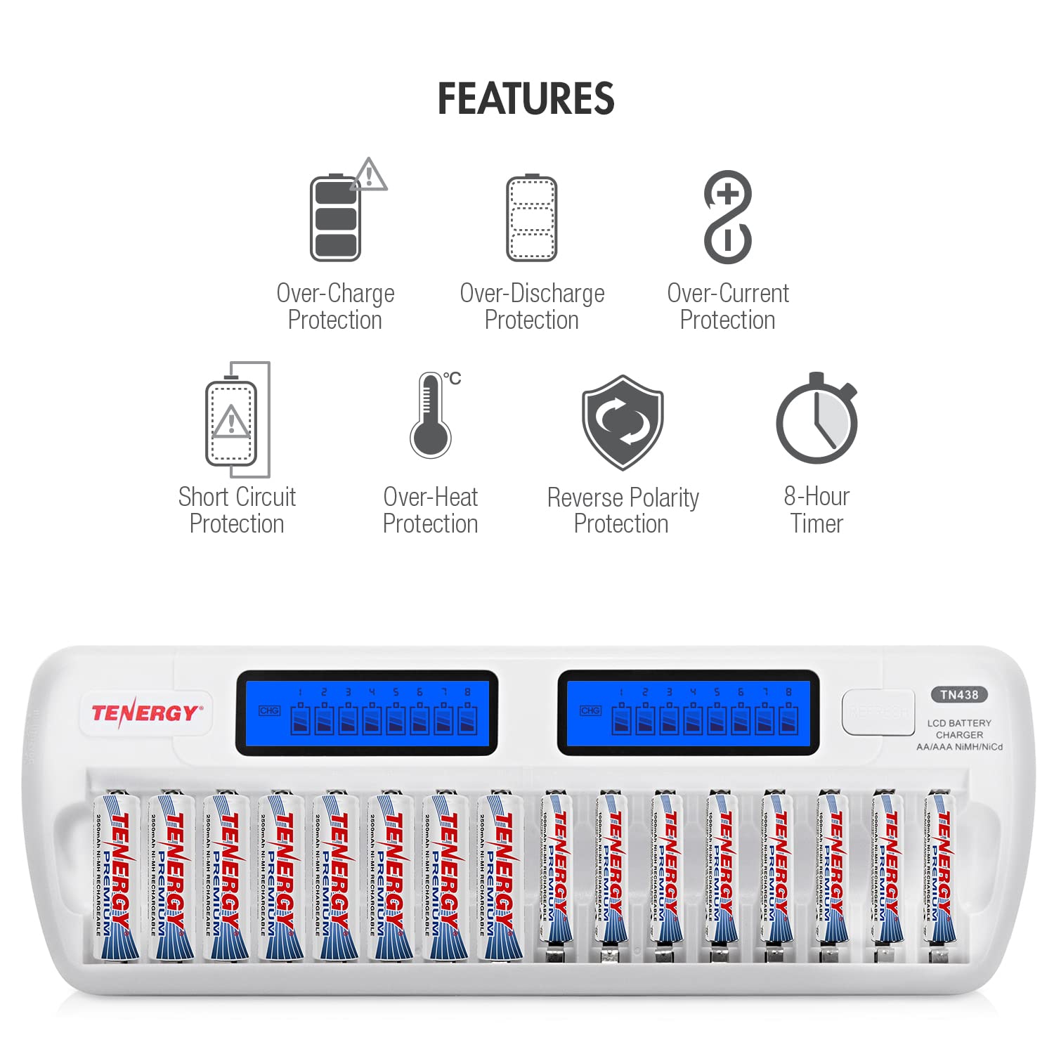 Tenergy TN438 16 Bay Smart Battery Charger with LCD Display & IC Protection - Fast Charging for AA/AAA NiMH/NiCd Rechargeable Batteries - Includes AC Wall Adapter & Car Adapter - Perfect for Digital Cameras, Gaming Controllers & Emergency Kits