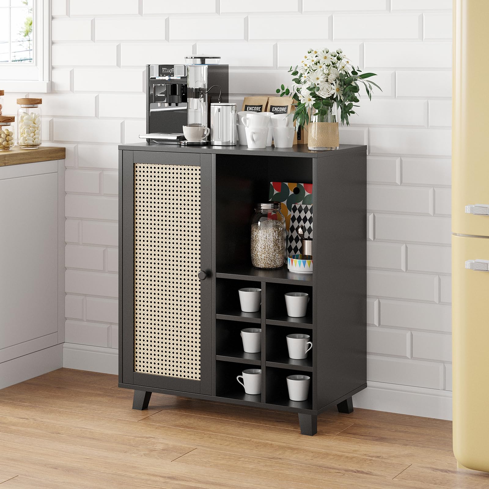Farini 47 Inch Sideboard Cabinet with Storage & Wine Racks - Modern Wine Bar Buffet Cabinet for Living Room, Kitchen, Dining Room - Black | Perfect for Home Entertaining & Wine Storage