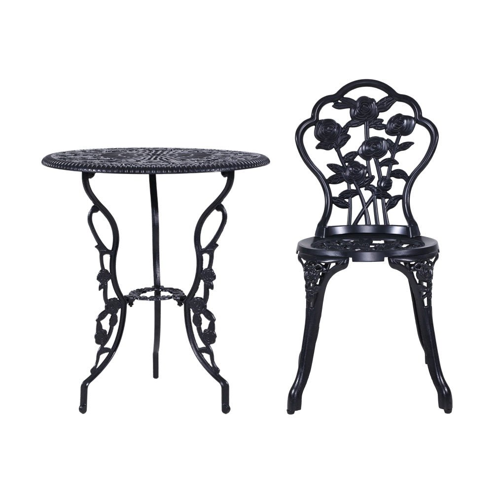 3-Piece Outdoor Bistro Set with Cast Aluminum Table and Chairs in Rose Black - Perfect for Patio, Garden, and Backyard Dining