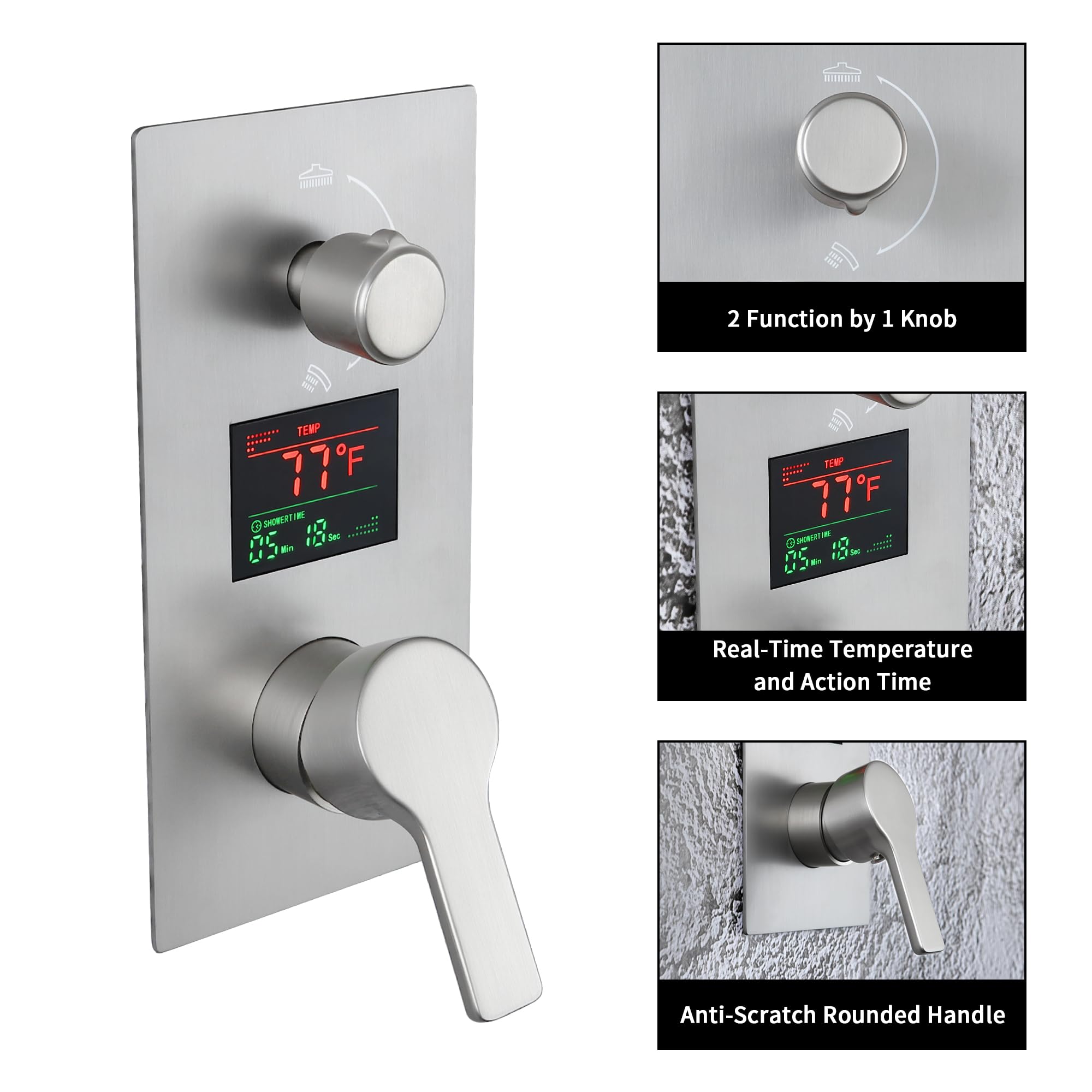 SKWOLL Brushed Nickel Shower Faucet Set - 12 Inch Ceiling Mount Rain Shower Head with Digital LCD Display & 2-Function Valve Kit | Modern Bathroom Upgrade for Spa-Like Experience