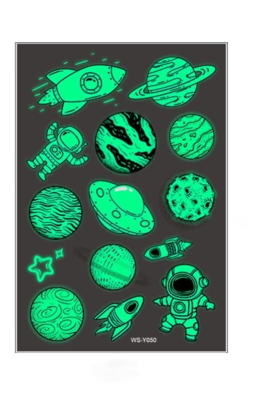 MAYCREATE® 10-Piece Glow in the Dark Kids Temporary Tattoos - Space Theme Cartoon Waterproof Stickers for Boys & Girls - Perfect for Birthday Parties, Halloween Costumes, Sleepovers & Group Activities
