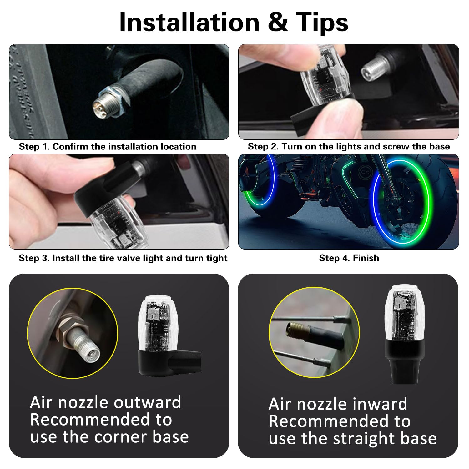 Glow in The Dark LED Tire Valve Caps - Waterproof Rechargeable for Car Bike Motorcycle - Night Safety Accessories