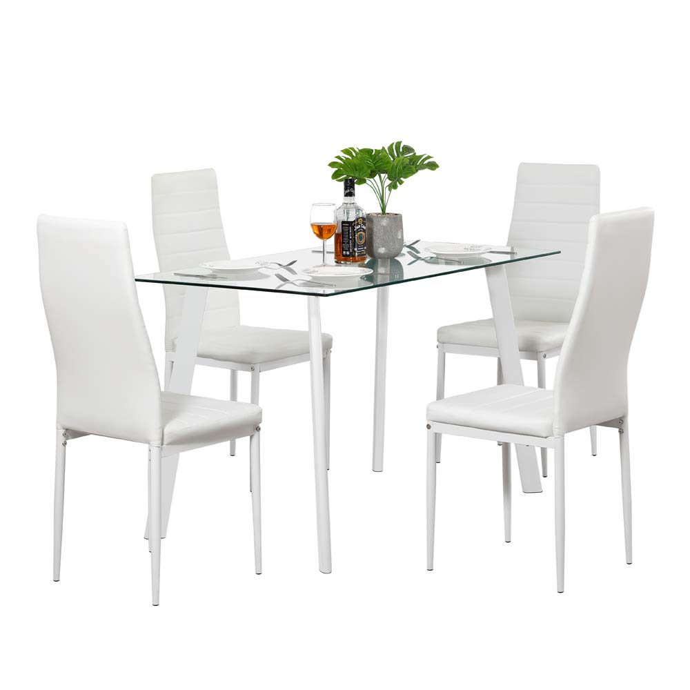 5-Piece White Glass & Metal Dining Table Set with 4 Chairs - Modern Kitchen & Dining Room Furniture for Family Meals & Entertaining
