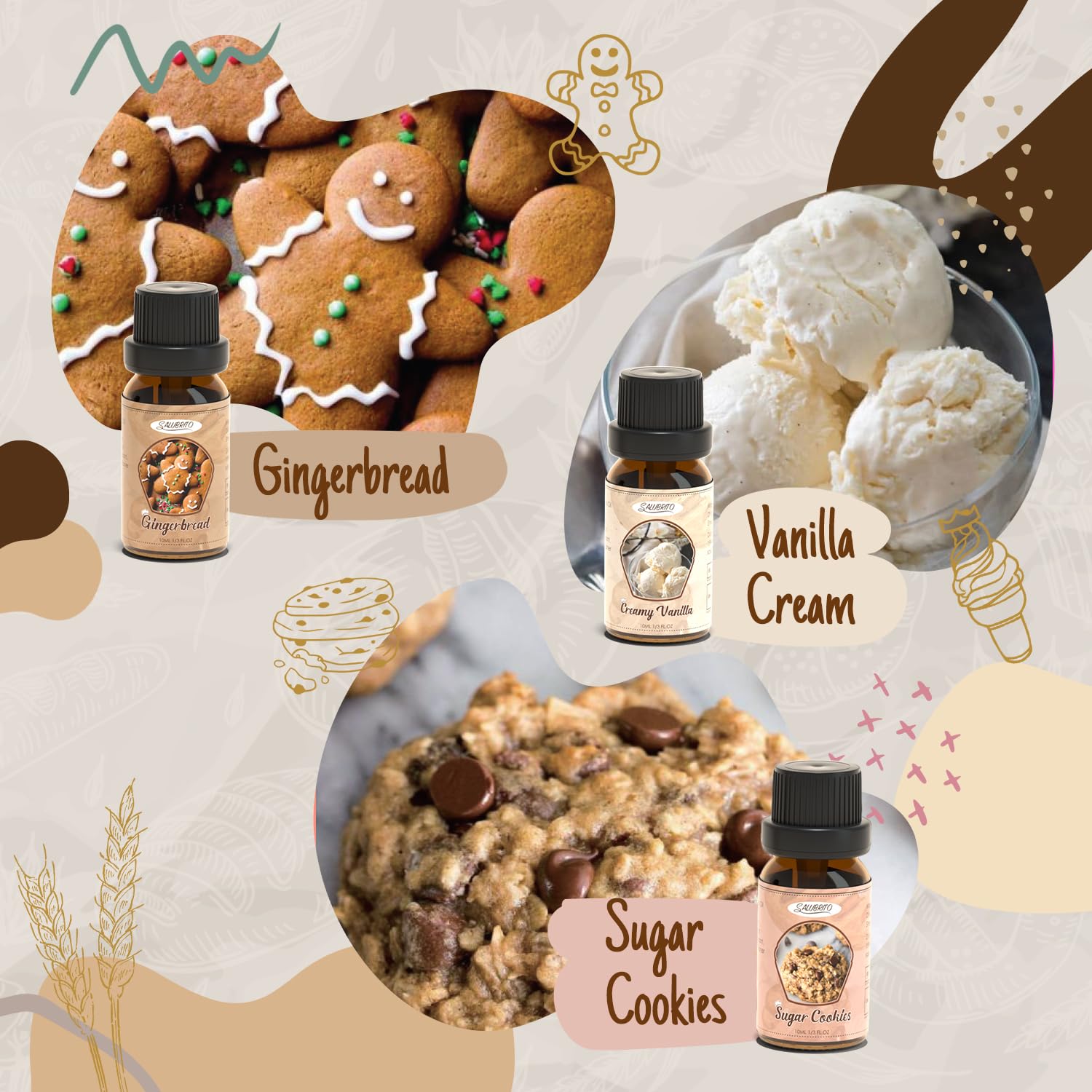 Premium Bakery Fragrance Oils Set - Pumpkin Pie, Chocolate Cupcake, Snickerdoodle, Gingerbread, Creamy Vanilla, Sugar Cookies Scents for Candle Making, Soap Crafting & Diffusers - Perfect for Home, Spa and DIY Gift Projects