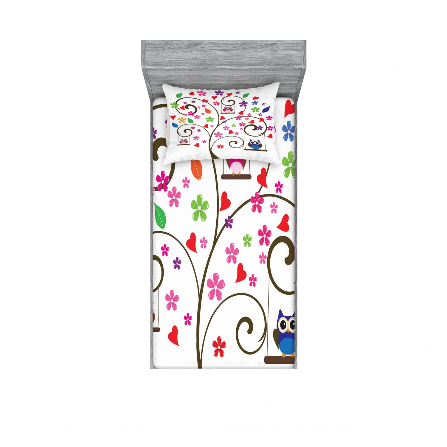 Ambesonne 2-Pack Twin Fitted Sheets & Pillow Sham Set - Playful Owl & Floral Tree Design, 4-Piece Bedding Set (2 Fitted Sheets + 2 Pillow Covers) - Vibrant Multicolor Patterns for Kids & Teens Bedroom Decor