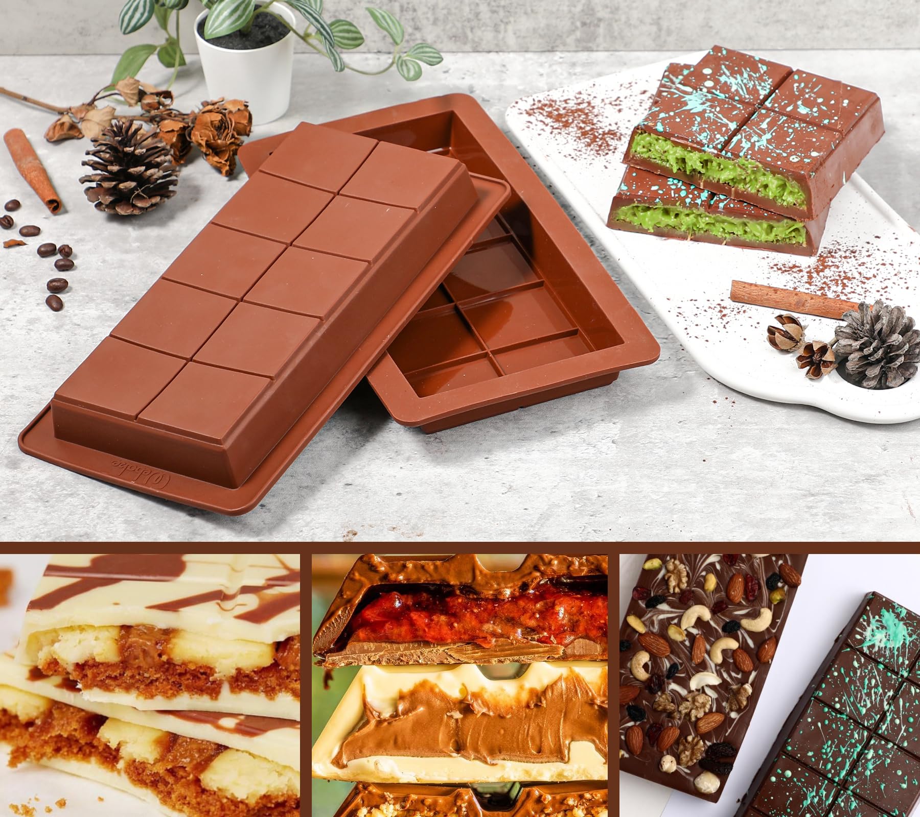 Webake 2-Pack Deep Chocolate Bar Molds - 1 Inch Thick Large Silicone Molds for Stuffed Chocolate Bars, Candy Making & Knafeh Pistachio Filling - Perfect for Homemade Treats, Baking & Gift Giving