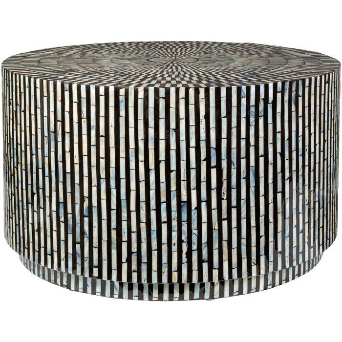 Handmade Bone Inlay Round Coffee Table - Black & Cream - Boho Chic Home Decor for Living Room, Bedroom & Office