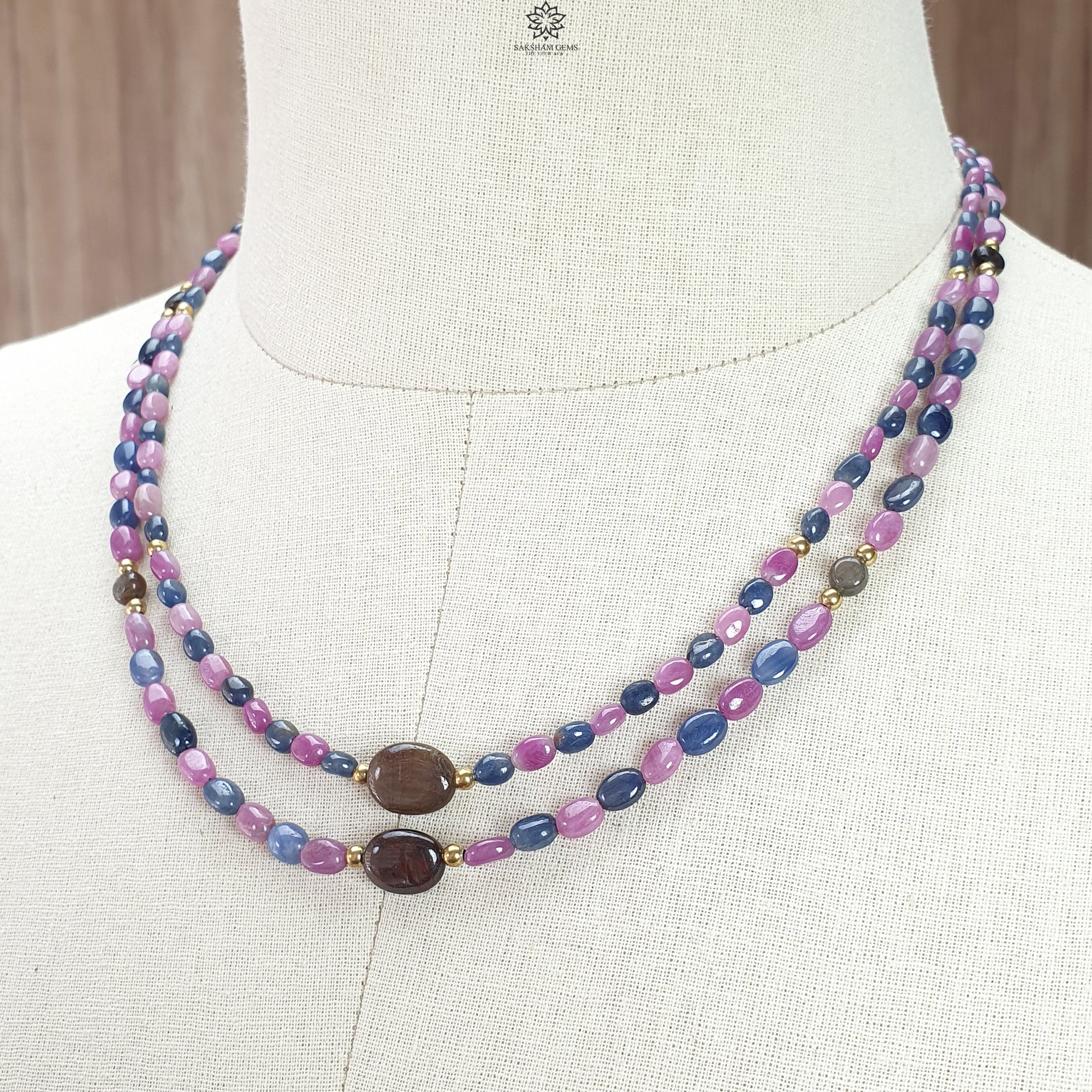 Natural Pink & Blue Sapphire Gemstone Beads Necklace - Untreated Oval Sapphire Pendant with Brass Chain (18 Inches) | Elegant Jewelry Gift for Women, Birthday, Anniversary & Special Occasions
