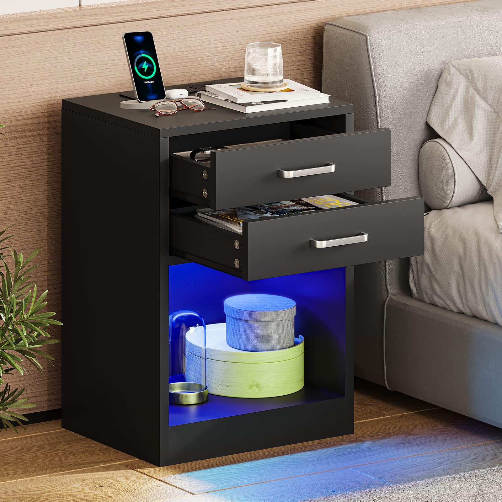 ADORNEVE Modern LED Nightstand Set of 2 - Bedside Tables with USB Charging Station, Power Outlets & Storage Drawers - Black Contemporary Bedroom Furniture for Home, Apartment, Dorm (Perfect for Reading, Phone Charging & Bedroom Organization)