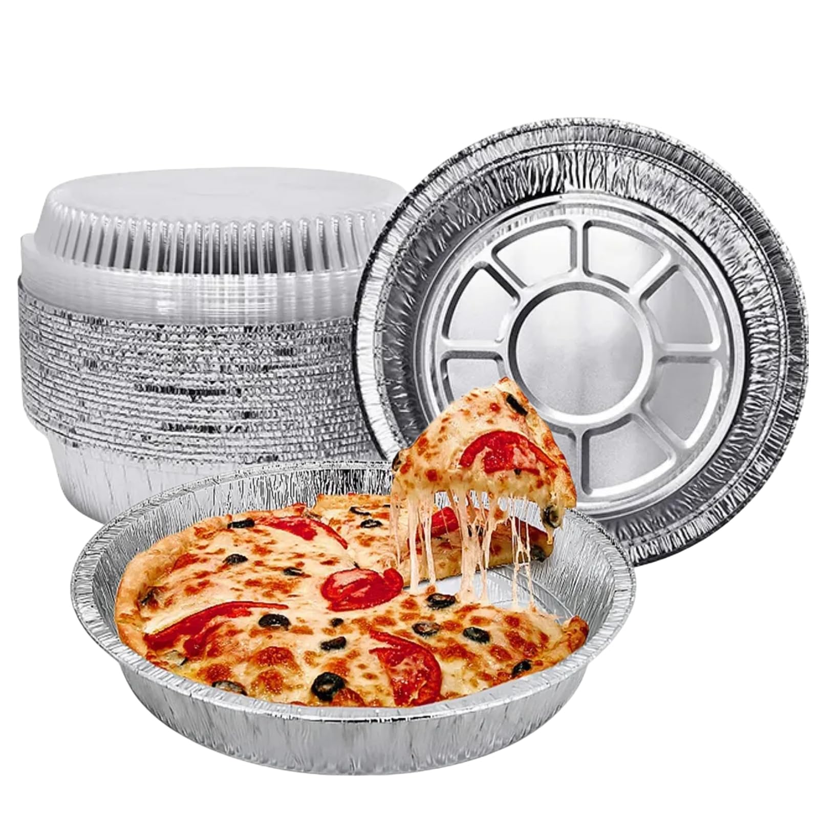 50 Pack 9-Inch Round Aluminum Foil Pans with Clear Plastic Lids - Disposable Food Storage Containers for Baking, Meal Prep, Reheating & Freezing - Oven & Freezer Safe, Recyclable - Perfect for Parties, Picnics & Leftovers
