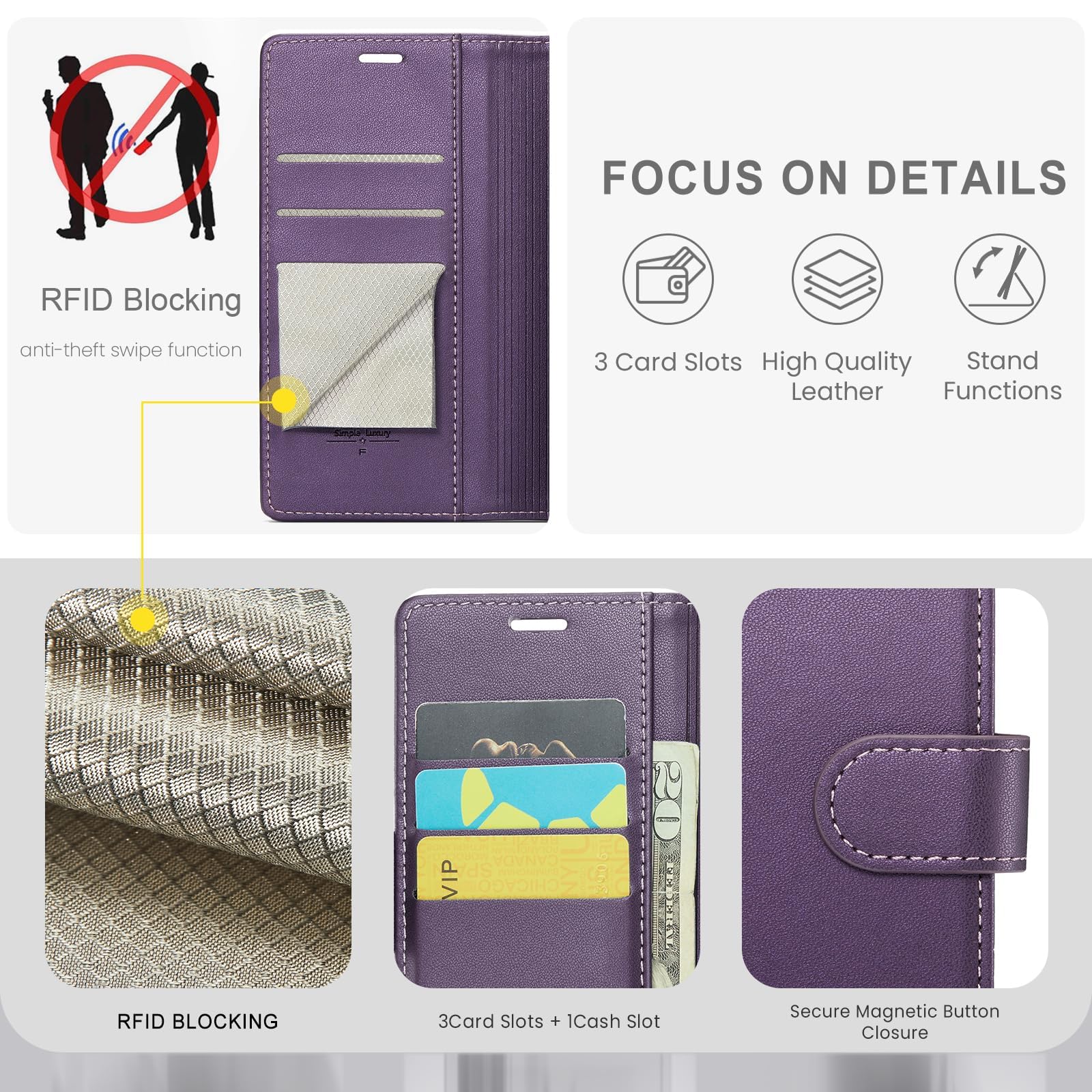 Samsung Galaxy A15 5G Wallet Case with RFID Blocking & Credit Card Slots - PU Leather Folio Flip Cover with Kickstand | Shockproof Protective Phone Case for Men & Women | Perfect for Work, Travel & Daily Use (Purple)