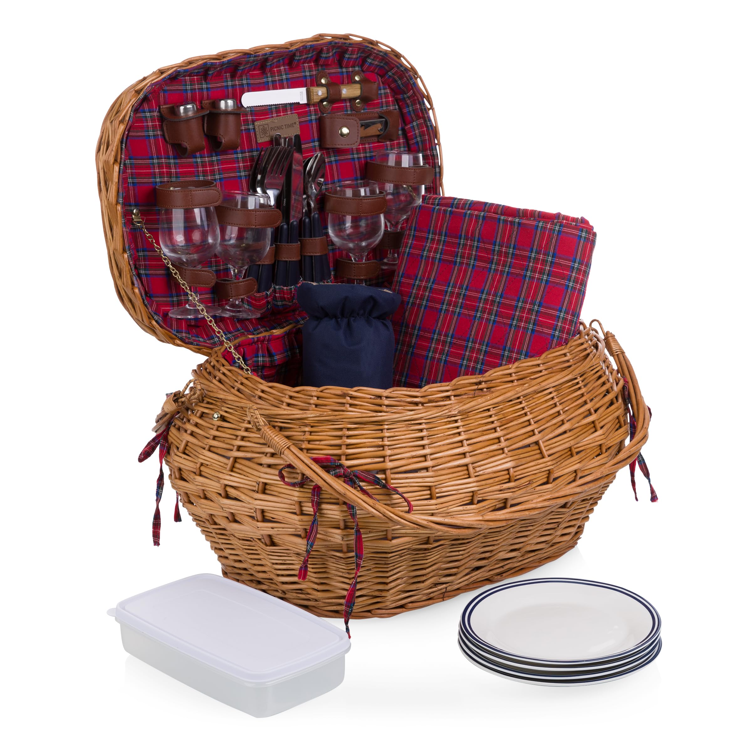 Highlander Picnic Basket with Red & Blue Tartan Pattern - Insulated Outdoor Picnic Hamper for Camping, Beach, Park & Romantic Dates