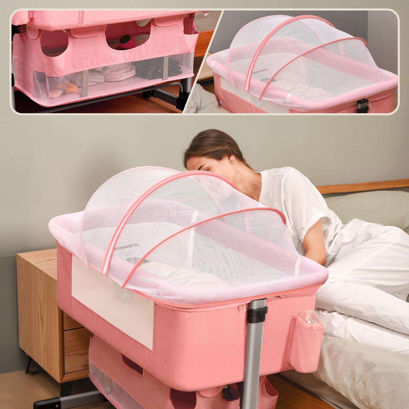 3-in-1 Adjustable Portable Baby Crib & Bassinet for Newborns - Convertible Bedside Sleeper with Wheels, Breathable Mesh (Pink) | Perfect for Nursery, Bedroom Co-Sleeping & Travel