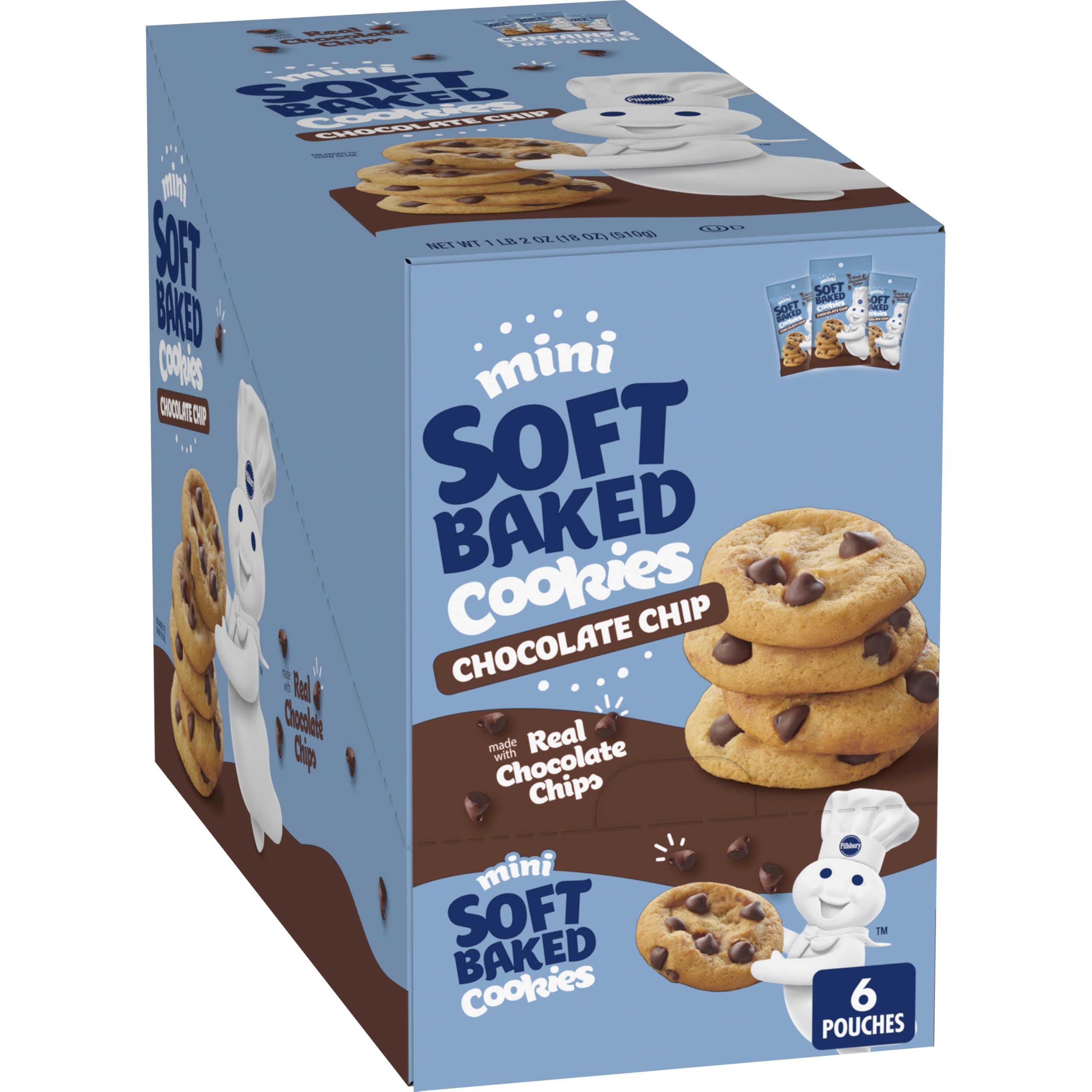 Pillsbury Mini Soft Baked Chocolate Chip Cookies - 6 Count (18 oz) Pack of 9 | Perfect for Lunchboxes, Snacks & Party Treats