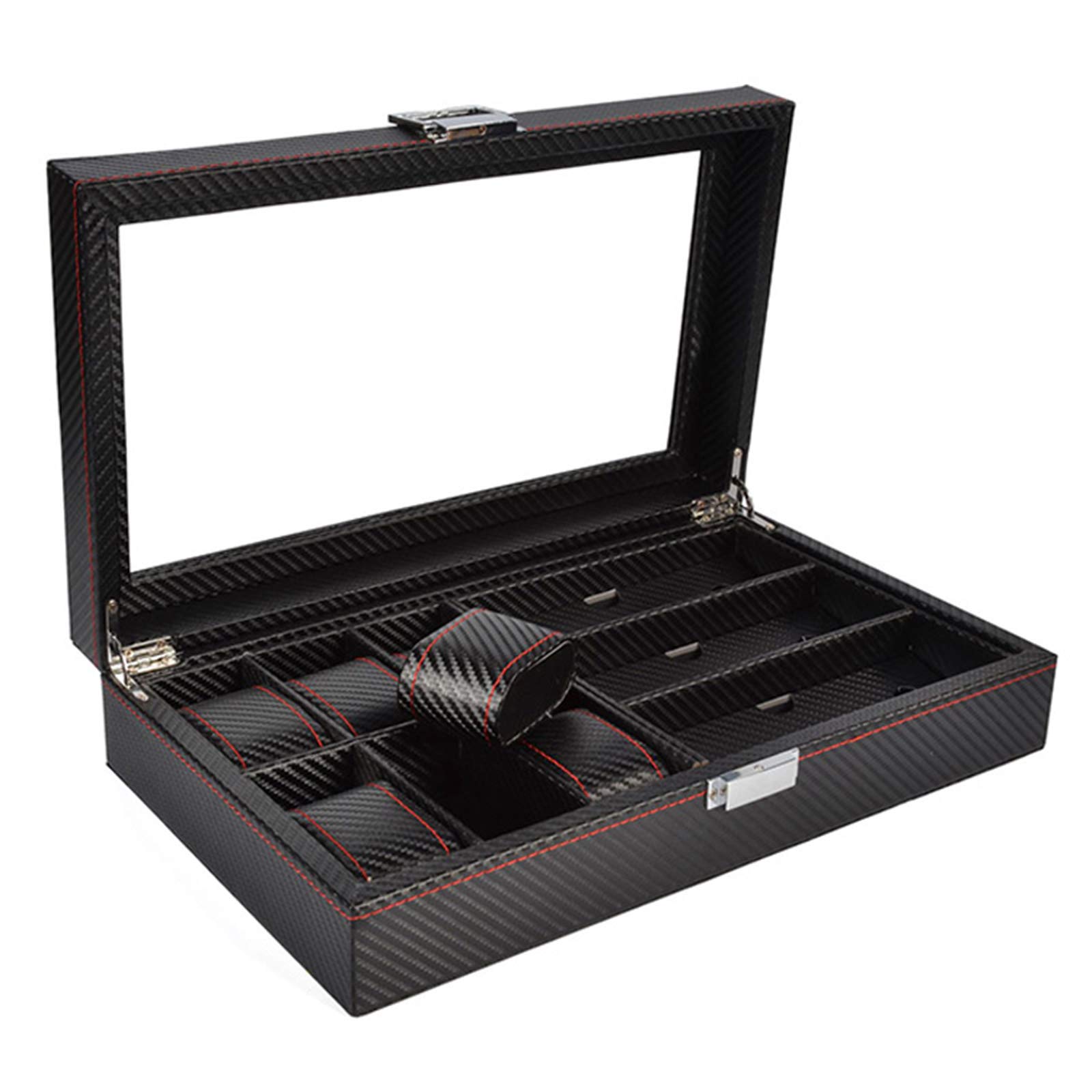 Premium 6-Slot Leather Watch Box & 3-Slot Eyeglass Case Set - Carbon Fiber Jewelry Organizer with Sunglasses Display for Men & Women | Perfect for Watch Collectors & Fashion Accessories Storage