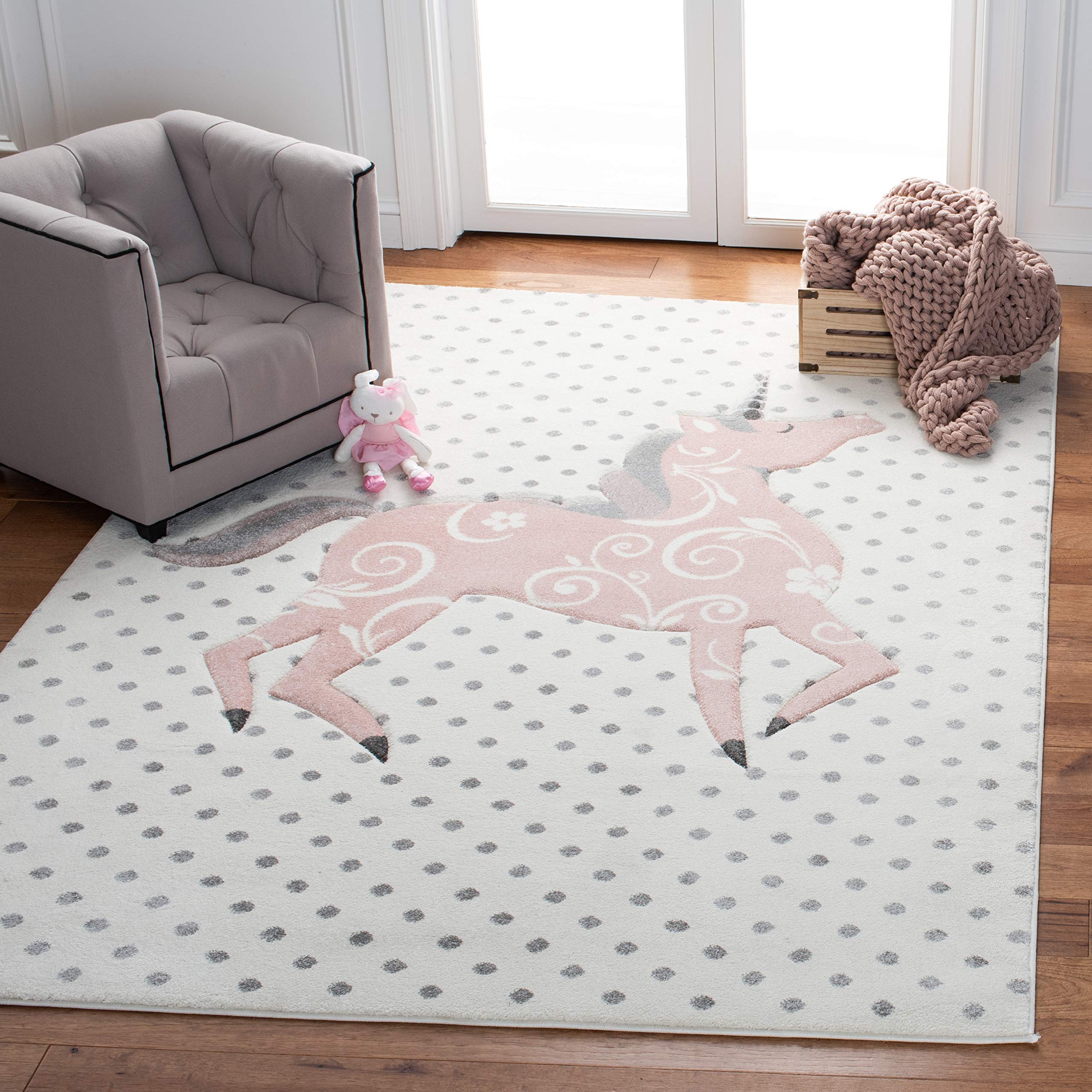SAFAVIEH Carousel Kids Collection 8' x 10' Area Rug - Ivory Grey & Pink Non-Shedding Easy Care Rug for Playroom, Nursery, Bedroom | Durable High Traffic Rug for Boys & Girls | Perfect for Kids Room Decor, Play Areas & Toddler Safety