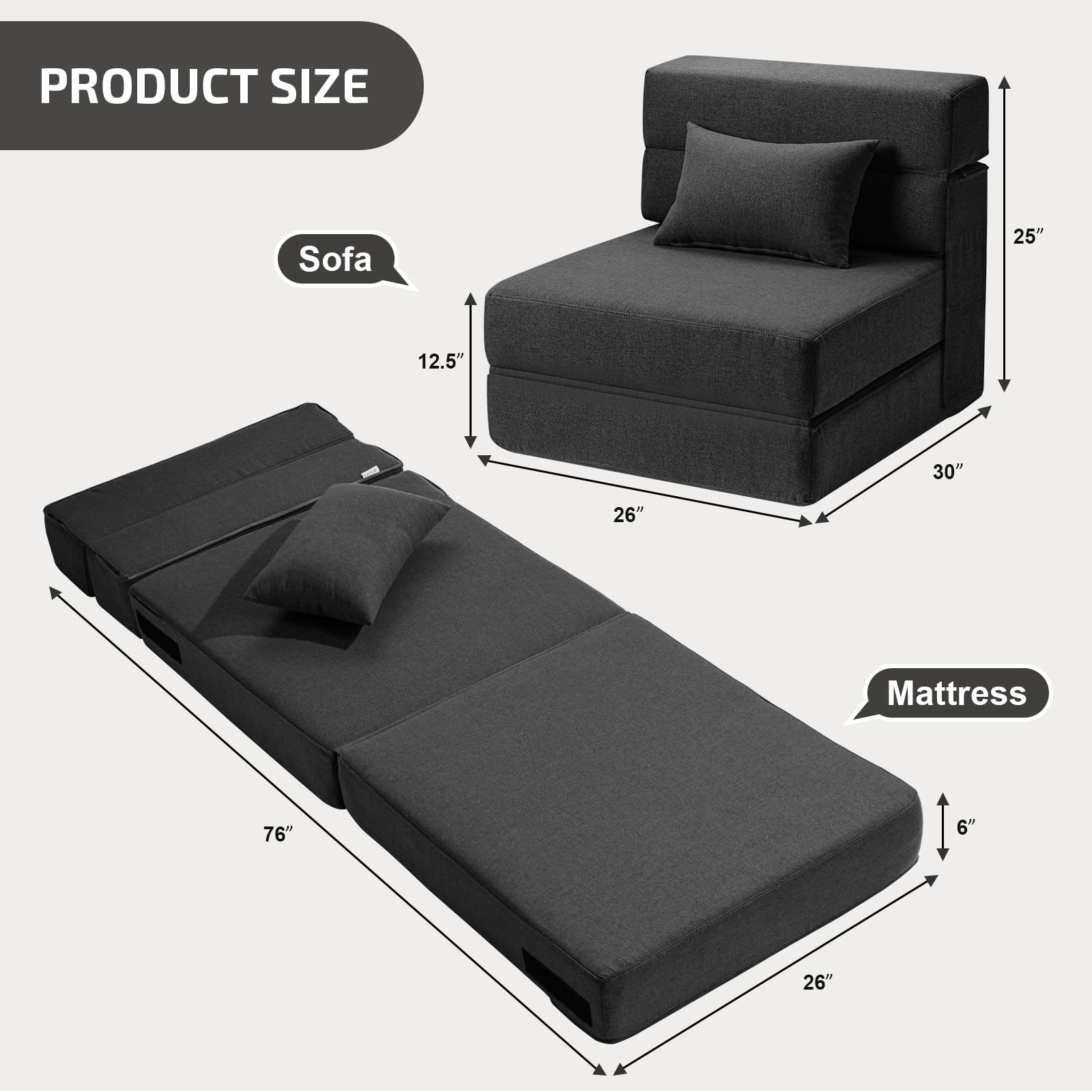 Convertible Folding Sofa Bed with Memory Foam & Pillow - Multi-Functional Sleeper Chair for Living Room, Dorm, Guest Room - Dark Gray Fabric Couch - Perfect for Small Spaces, Home Office & Apartment Living