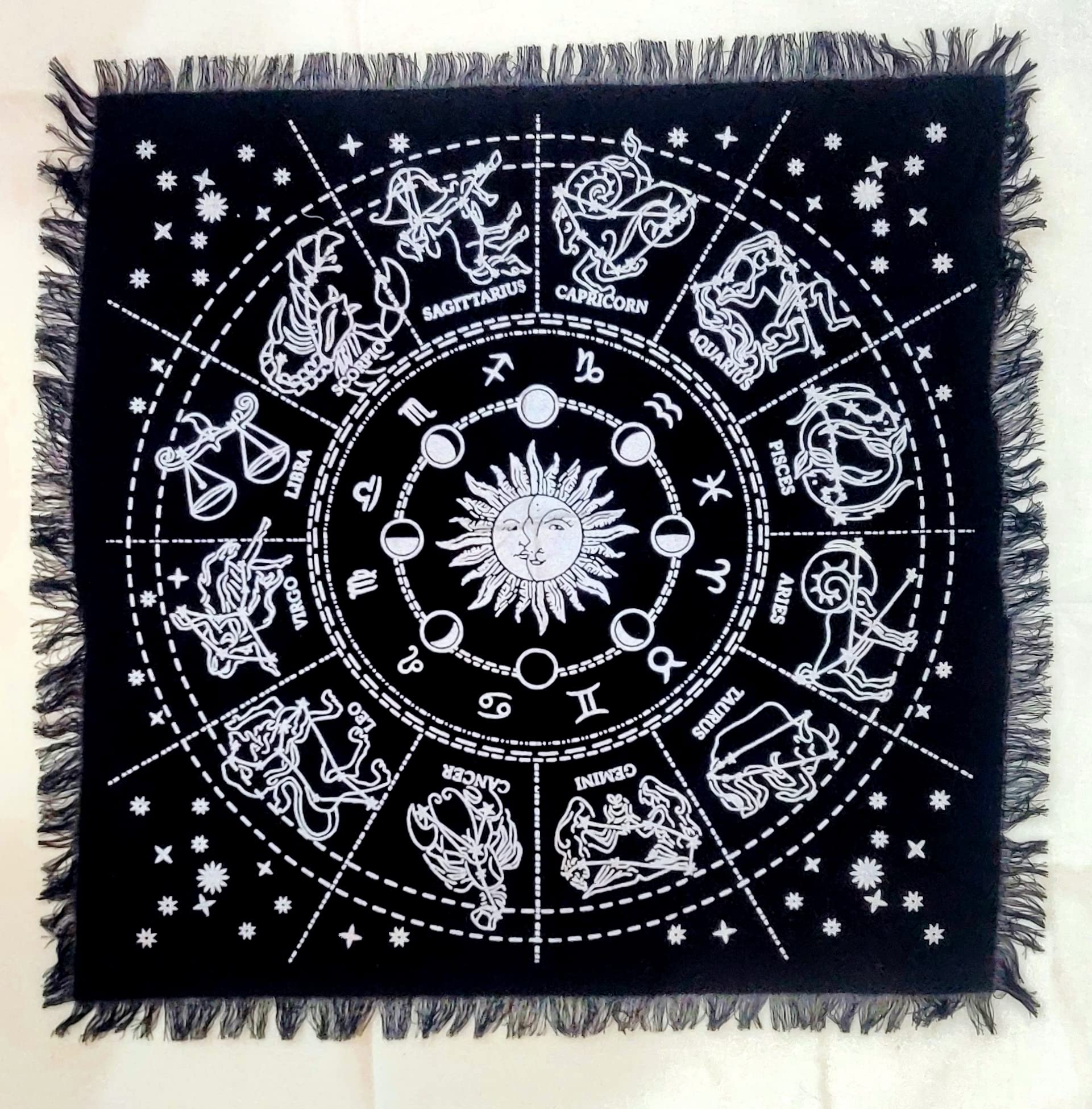 INDACORIFY Silver Zodiac Constellation Altar Cloth 18x18 Inch - Esoteric Tarot Spread Cloth with Fringes for Witchcraft, Divination & Spiritual Rituals | Perfect for Altar Decor, Crystal Charging & Sacred Space Creation