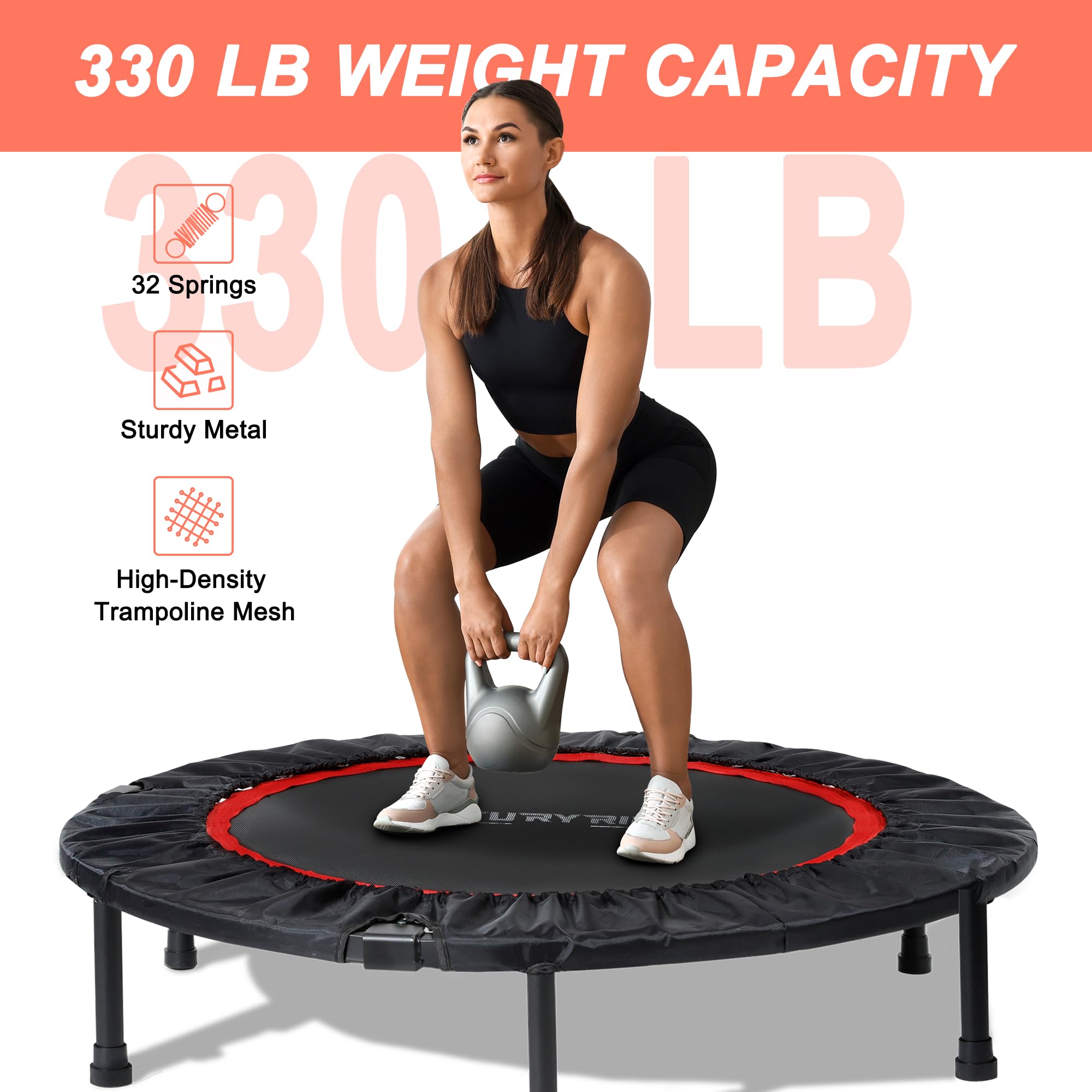 40” Foldable Mini Exercise Trampoline with Adjustable Foam Handle - 330lbs Weight Capacity Fitness Rebounder for Adults - Indoor/Outdoor Workout, Cardio Training & Home Gym Equipment