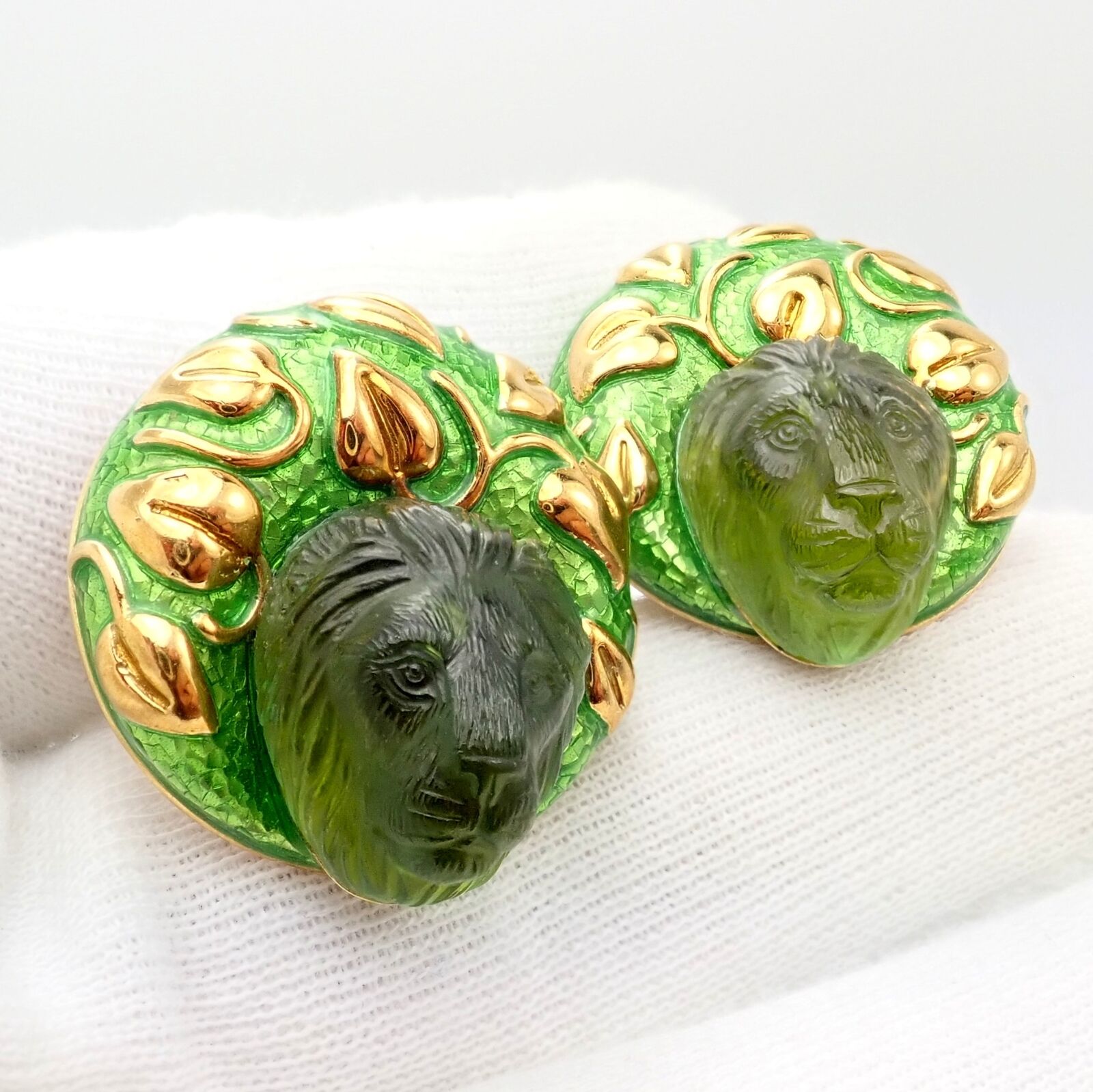 Elizabeth Gage 18k Yellow Gold Carved Green Tourmaline Enamel Lion Earrings - Luxury Statement Jewelry for Women, Perfect for Parties, Weddings & Special Occasions