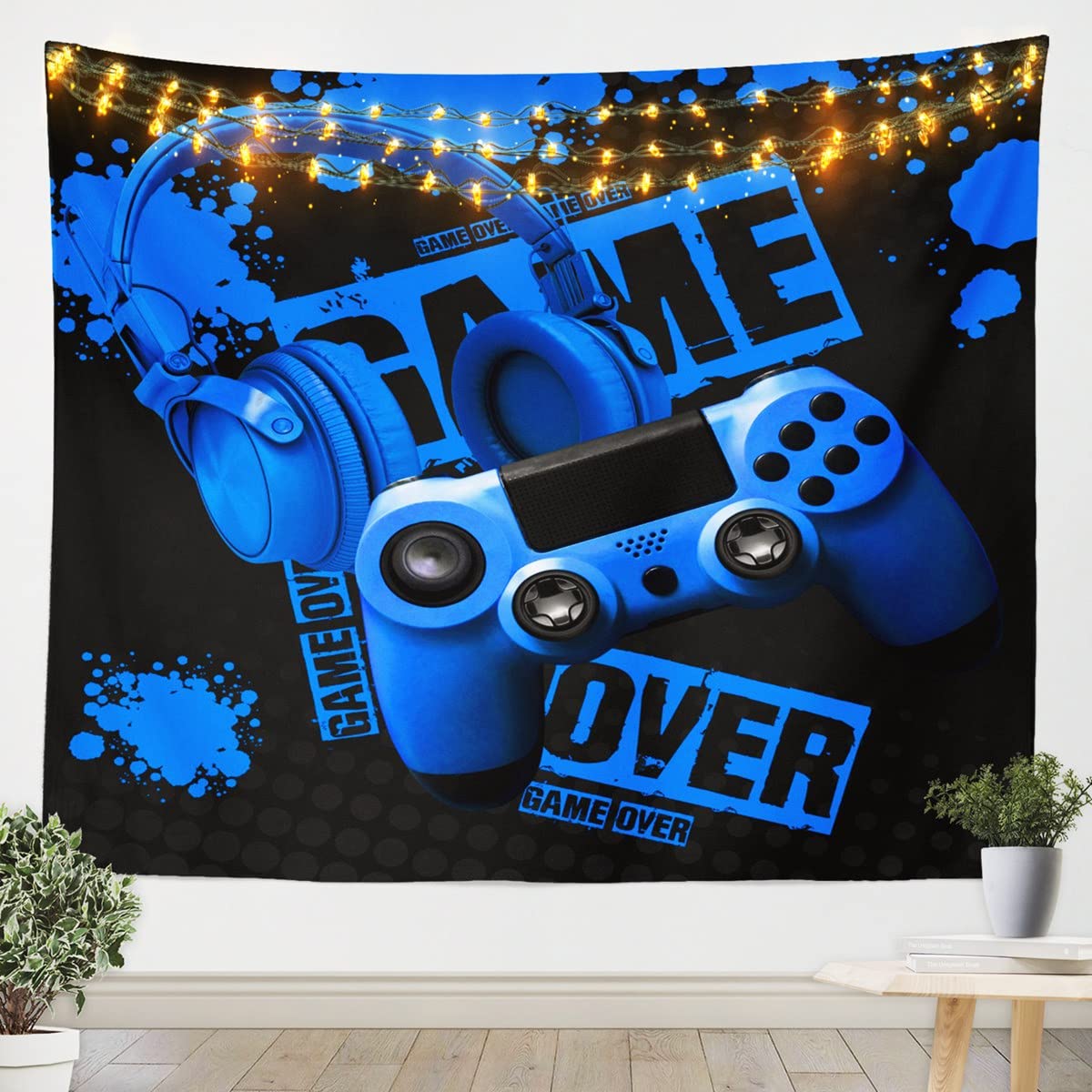 Feelyou Gaming Tapestry - Large 70x92 Inch Video Game Wall Art for Boys & Girls - Gamer Room Decor with Headset & Gamepad Design - Perfect for Bedroom, Living Room & Game Room Decorations - Blue & Black Teen Gaming Theme Wall Hanging Blanket