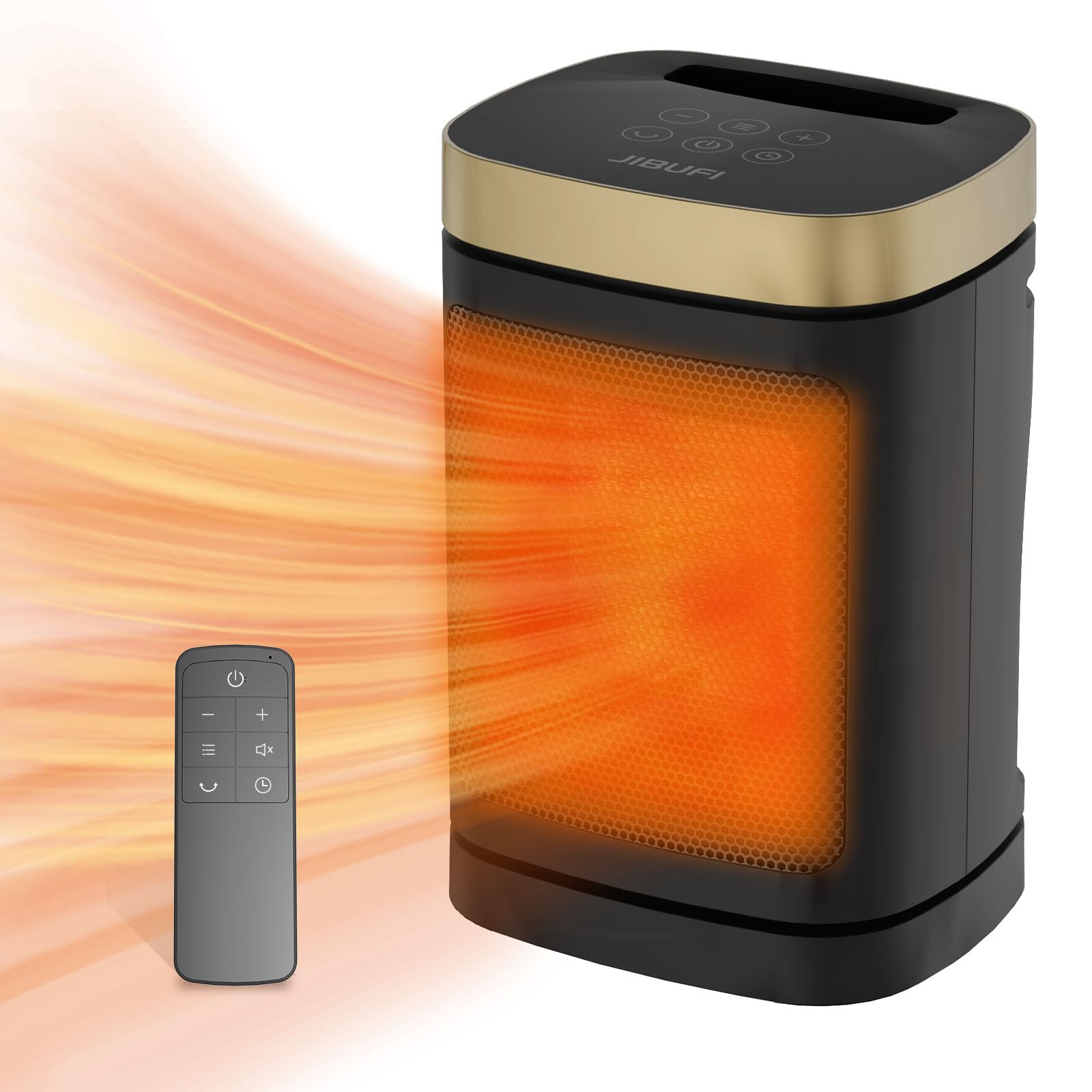 JIBUFI 1500W PTC Electric Space Heater - Portable Indoor Heater with 70° Rotation, Remote Control & 1-12 Hour Timer - Perfect for Bedroom, Office & Home Use - Energy Efficient & Quiet Heating Solution (Black/Gold)